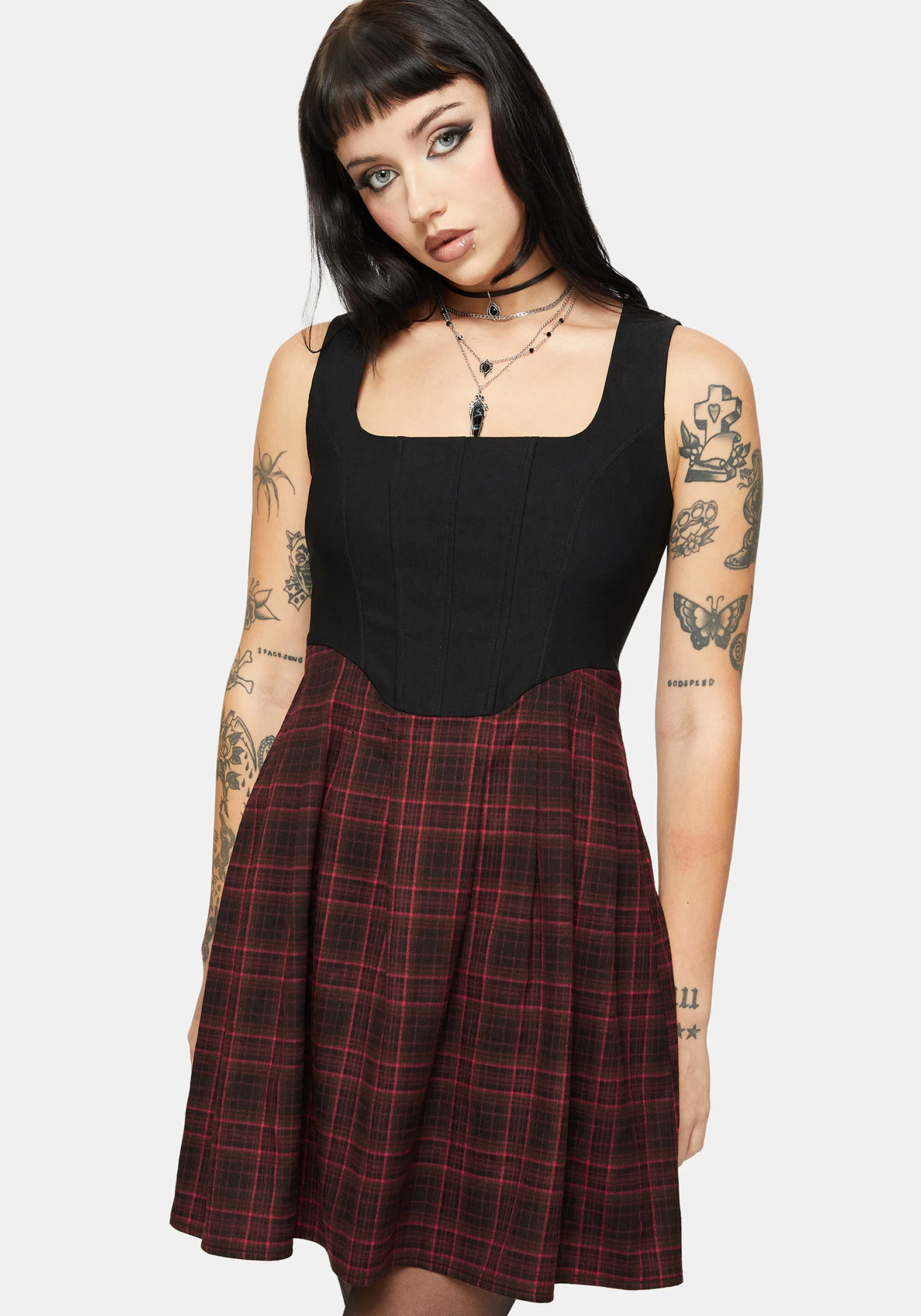 Bonnie Mixed Corset Check Pleated Mini Dress - Image 4