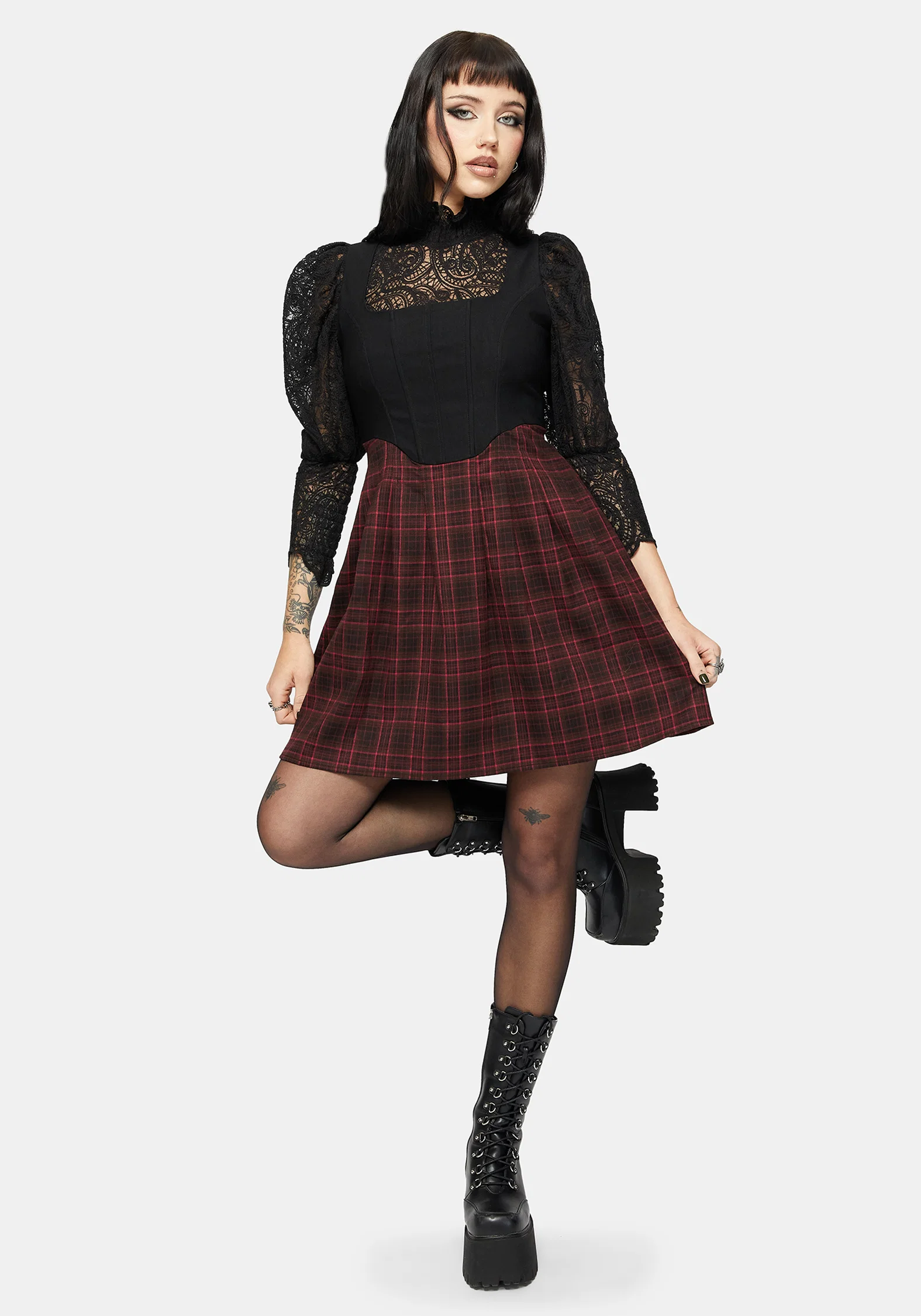 Bonnie Mixed Corset Check Pleated Mini Dress - Image 5