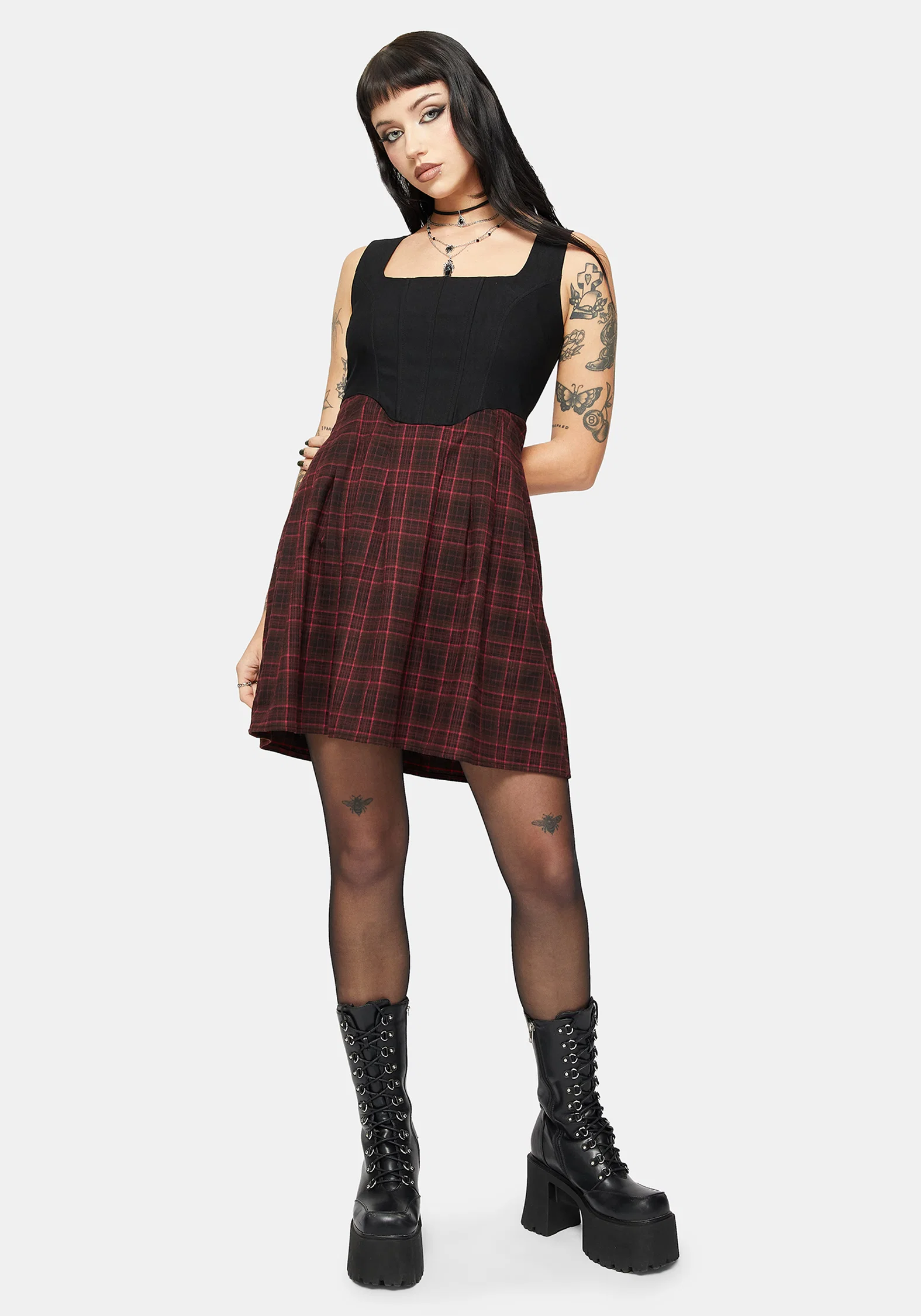 Bonnie Mixed Corset Check Pleated Mini Dress - Image 6