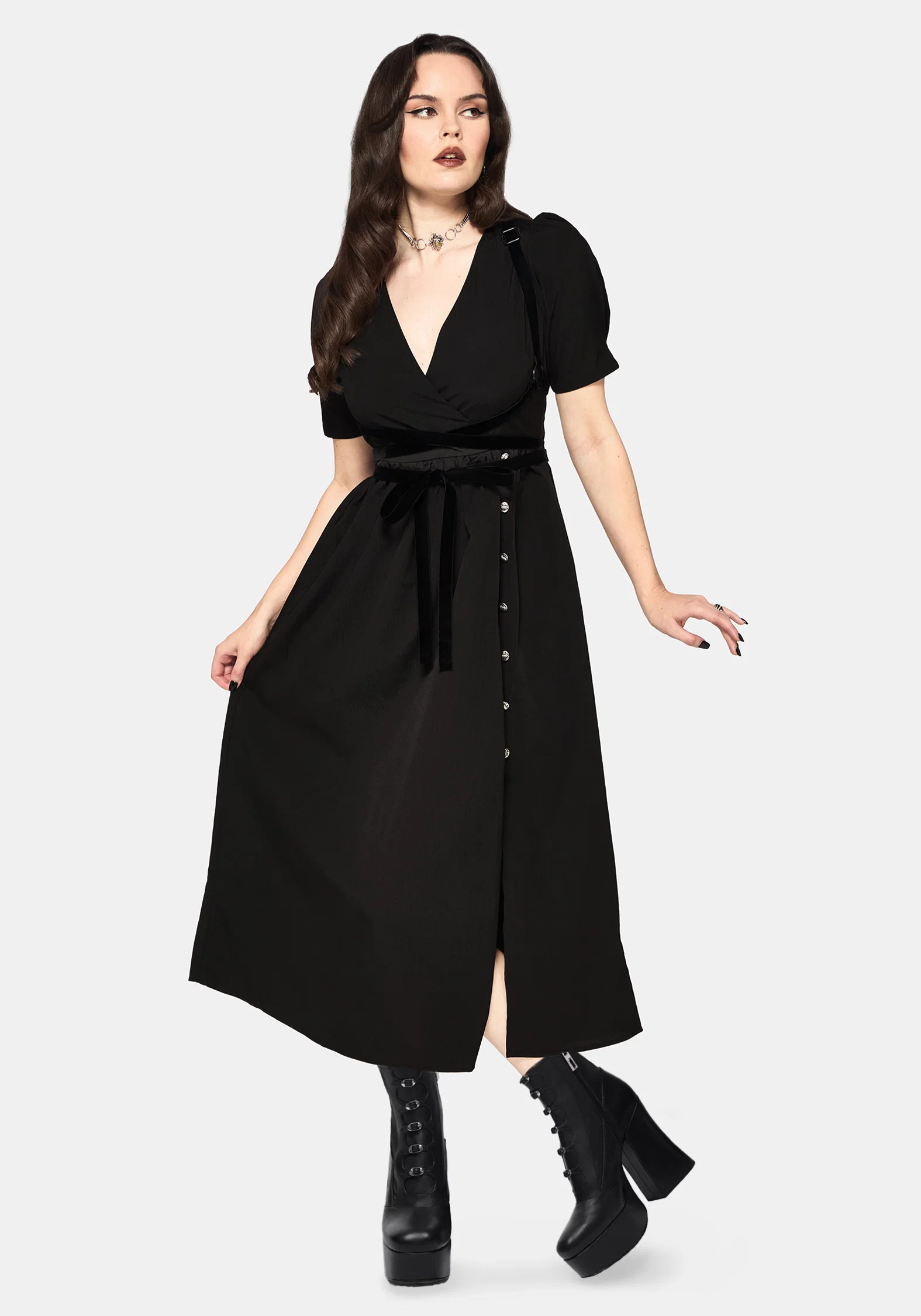 Brae Wrap Puff Sleeve Centipede Button Midaxi Dress - Image 4