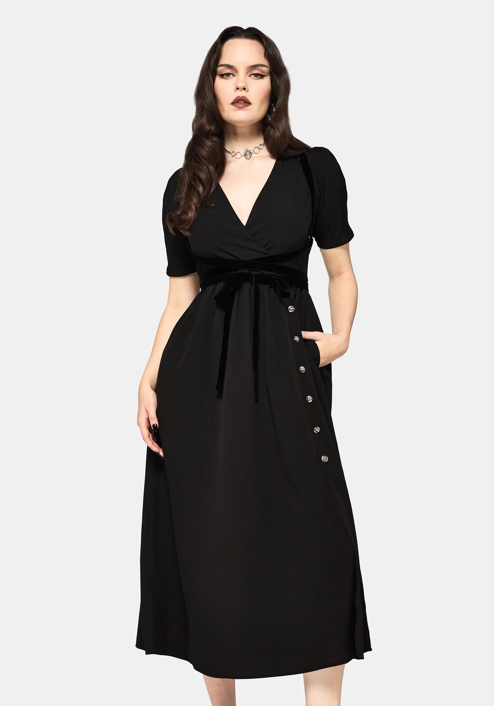 Brae Wrap Puff Sleeve Centipede Button Midaxi Dress - Image 5