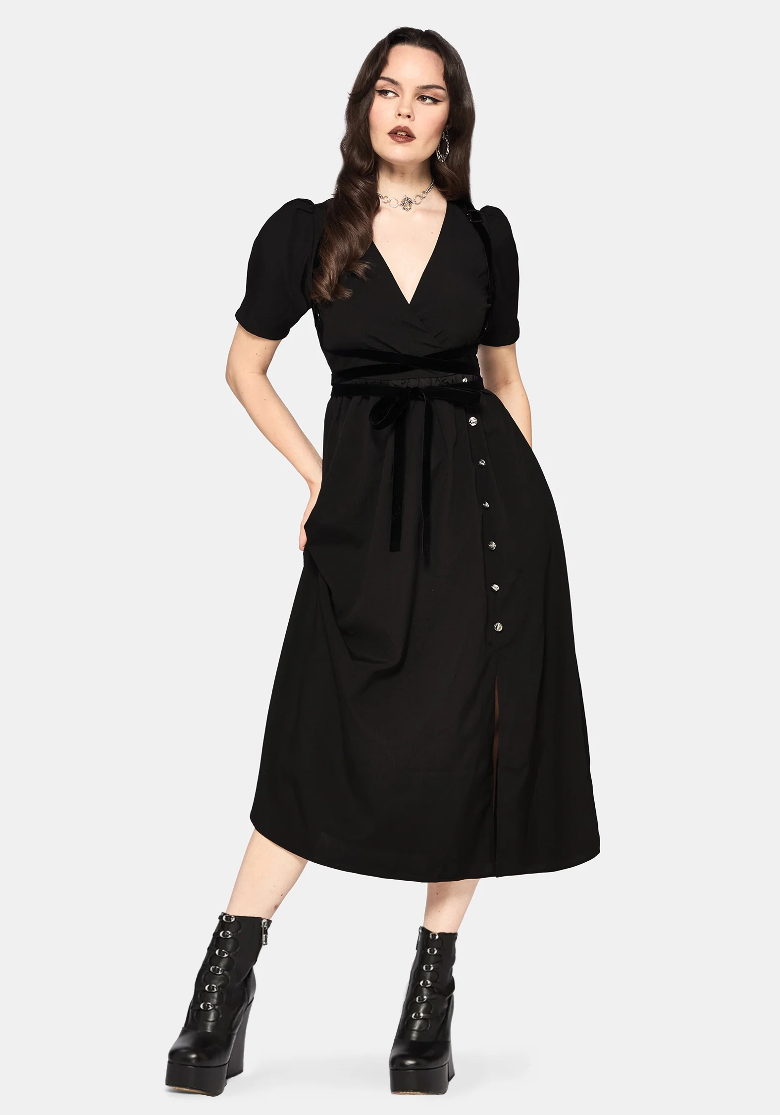 Brae Wrap Puff Sleeve Centipede Button Midaxi Dress - Image 7