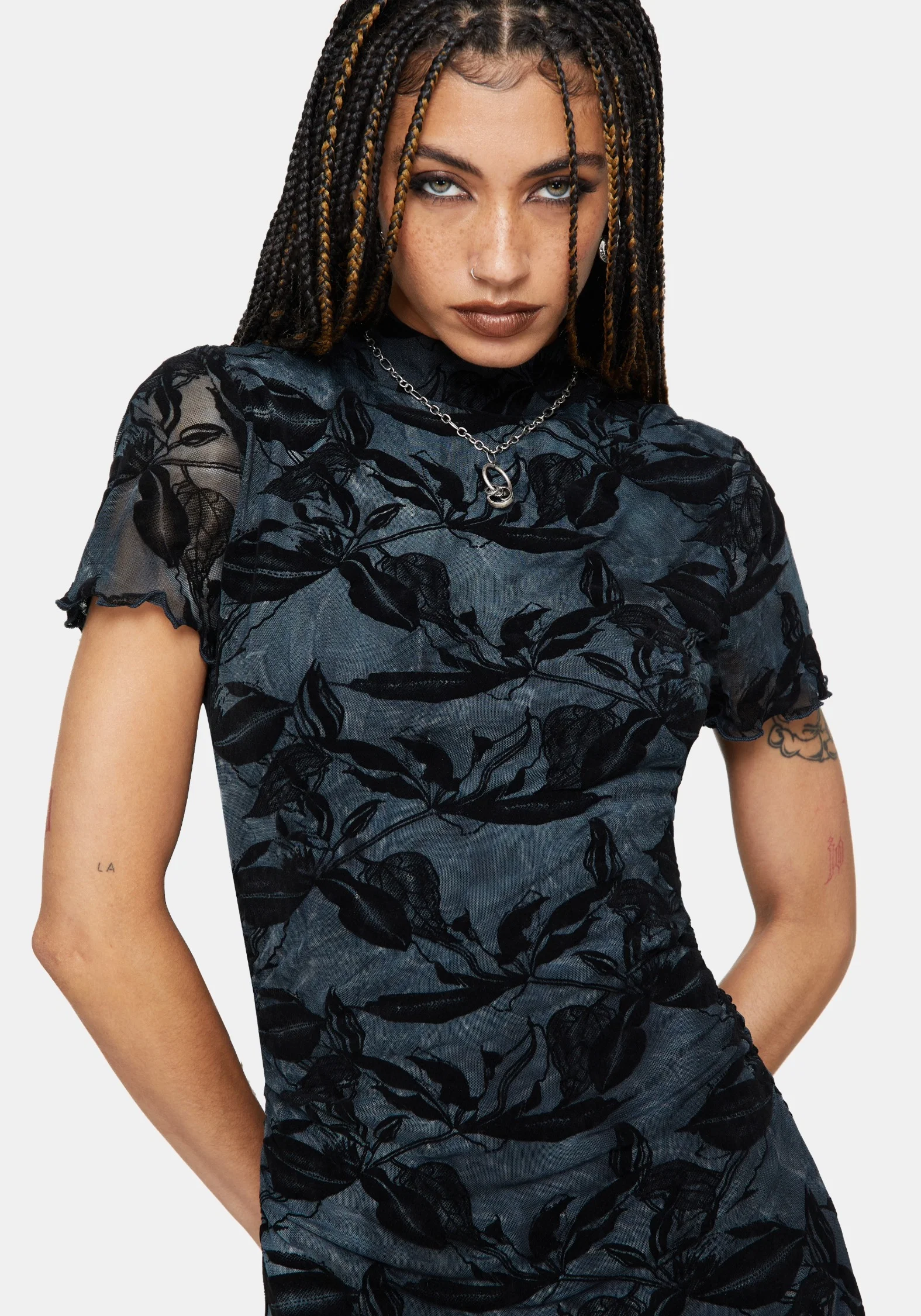 Bryn Floral Flocked Mesh Hanky Hem Mini Dress - Image 2