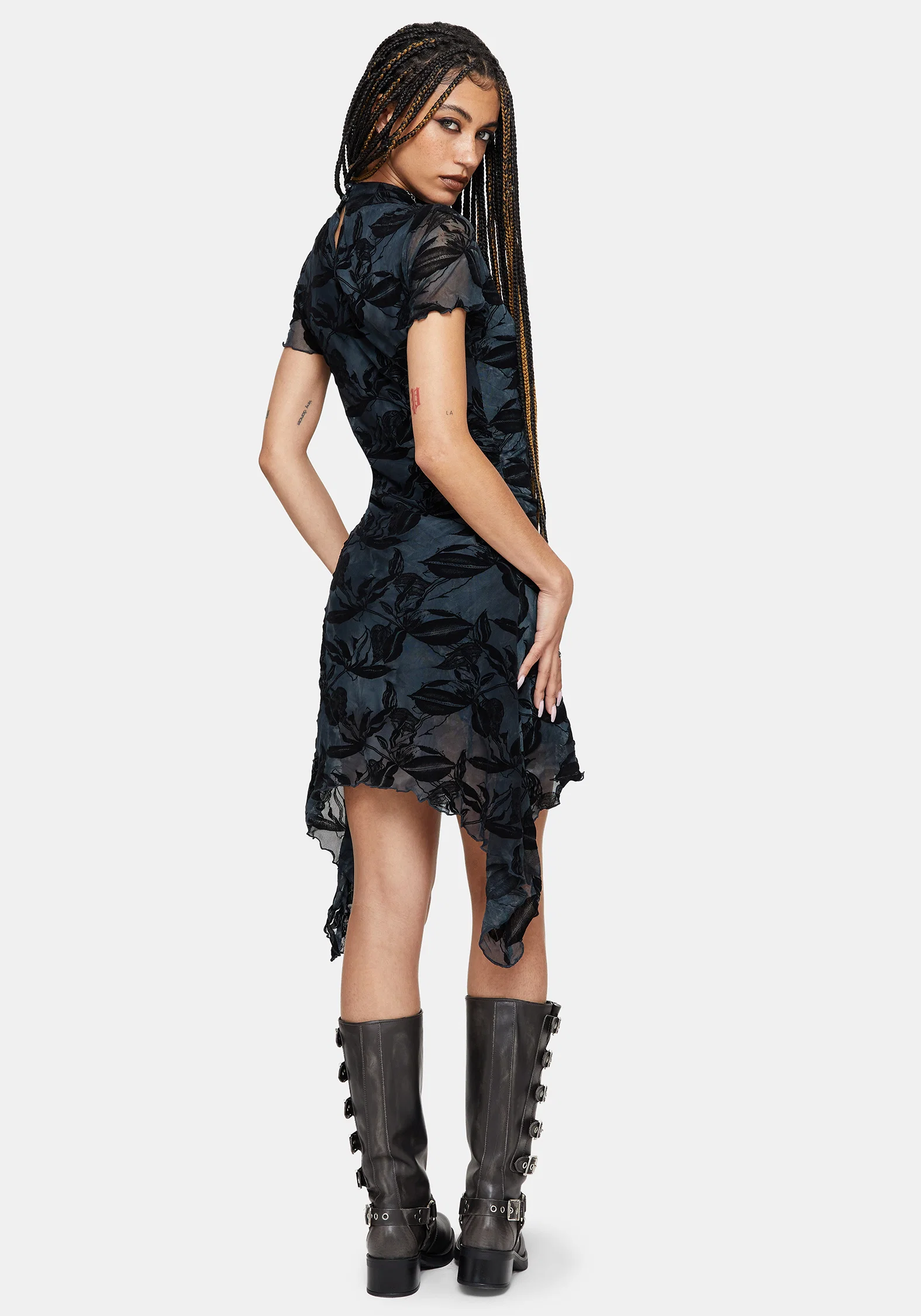 Bryn Floral Flocked Mesh Hanky Hem Mini Dress - Image 3