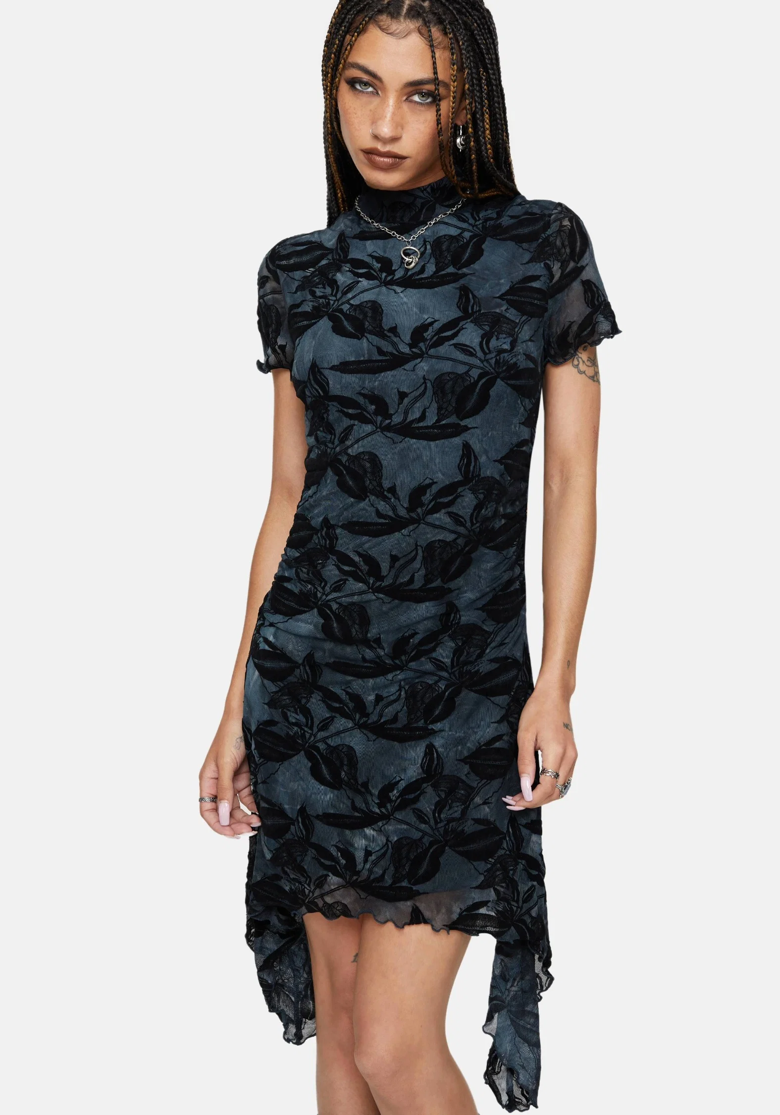Bryn Floral Flocked Mesh Hanky Hem Mini Dress - Image 4