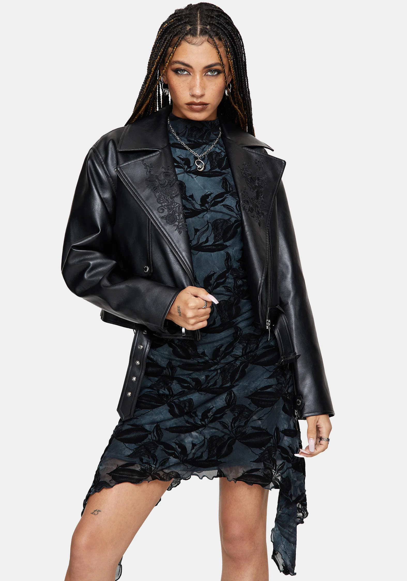 Bryn Floral Flocked Mesh Hanky Hem Mini Dress - Image 6