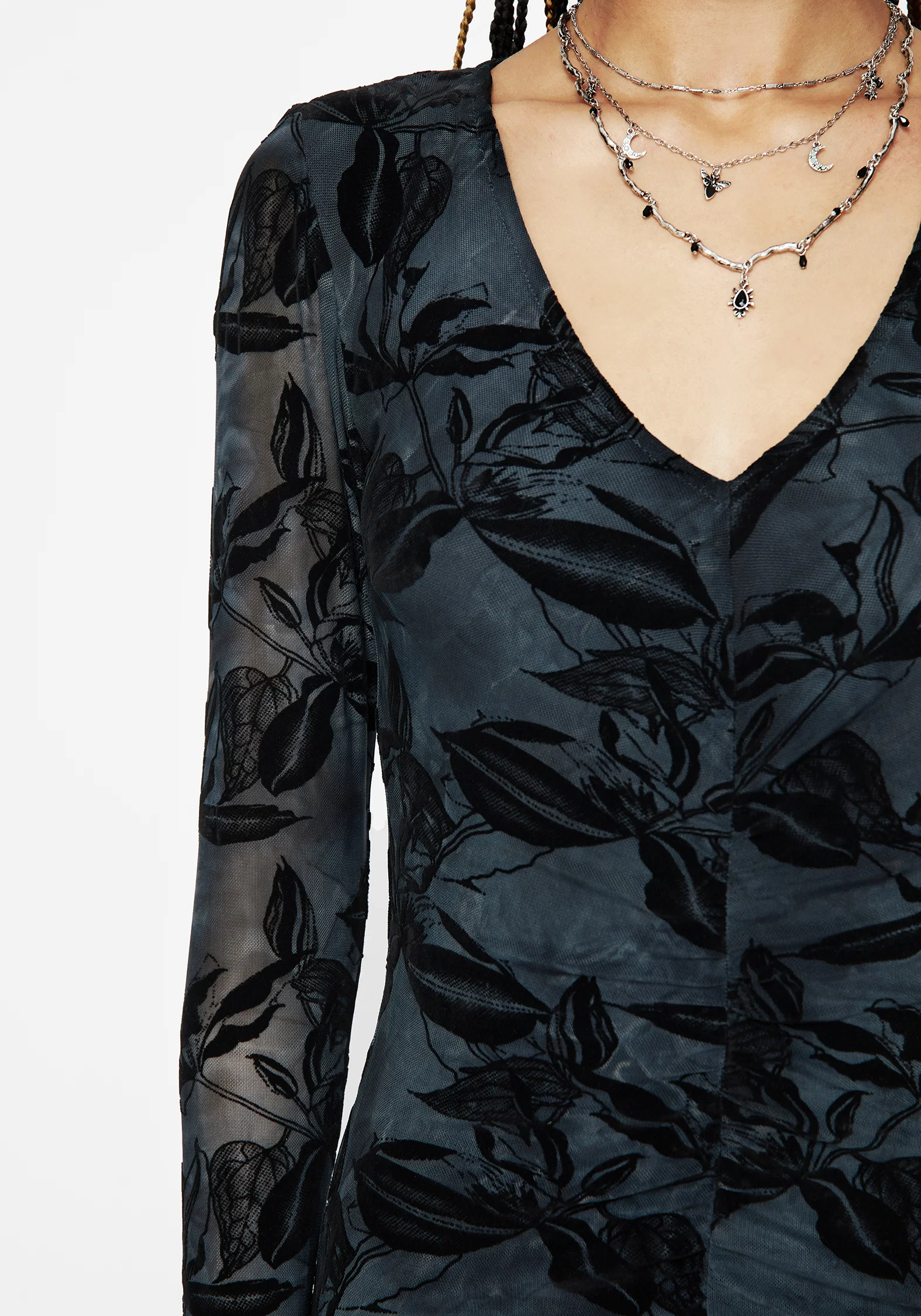 Bryn Floral Flocked Mesh Ruched Long Sleeve Midaxi Dress - Image 2