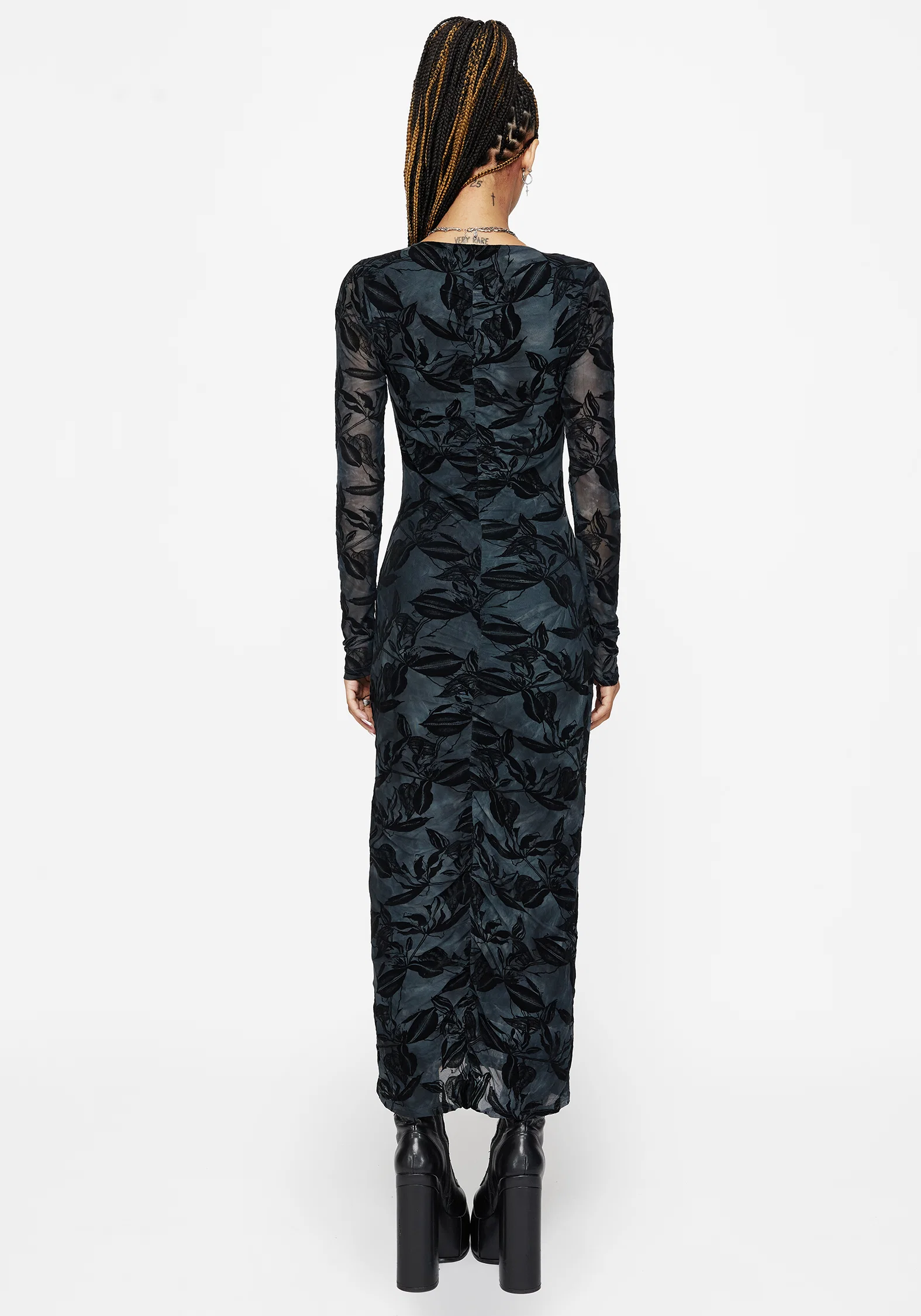 Bryn Floral Flocked Mesh Ruched Long Sleeve Midaxi Dress - Image 3