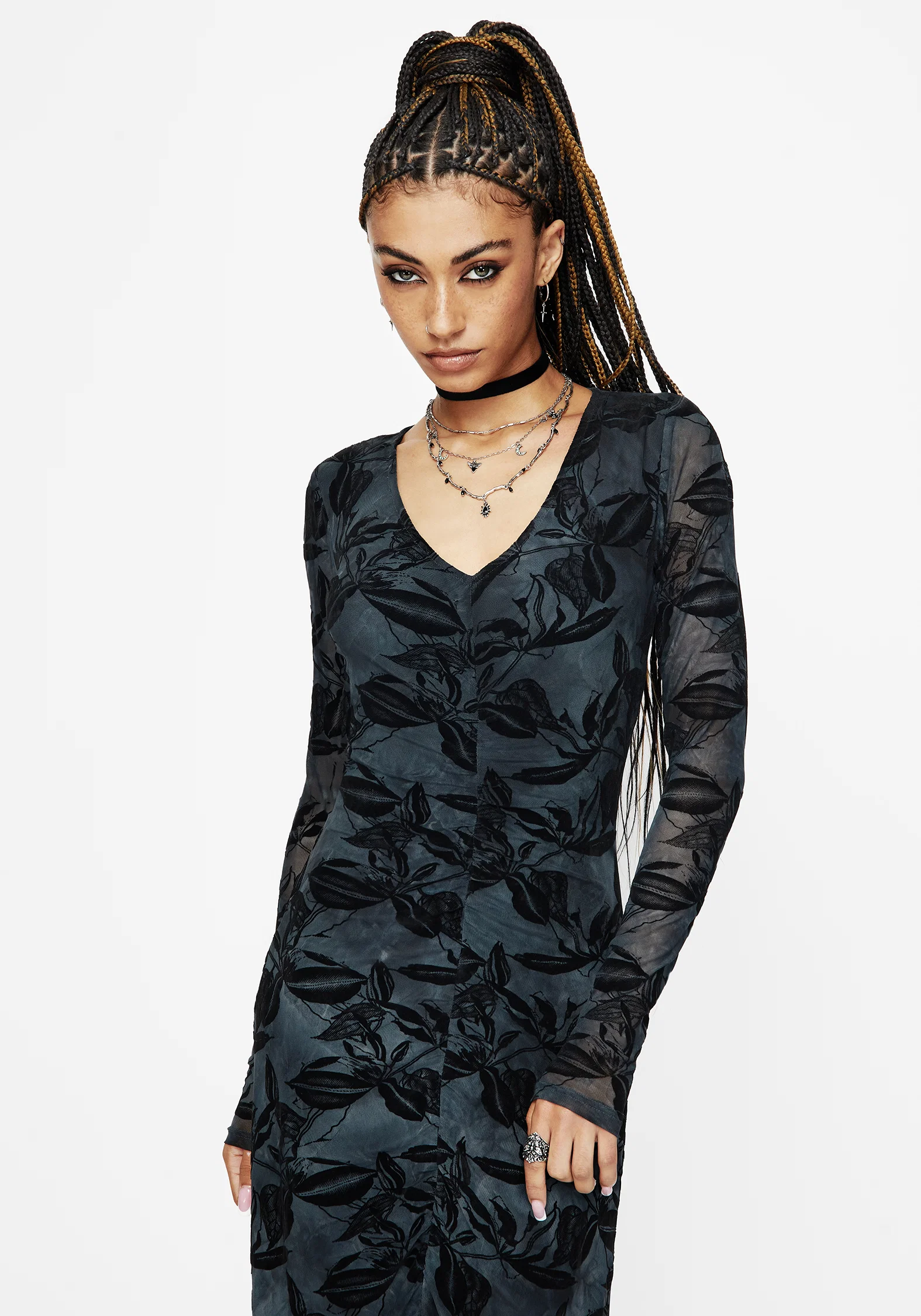 Bryn Floral Flocked Mesh Ruched Long Sleeve Midaxi Dress - Image 4