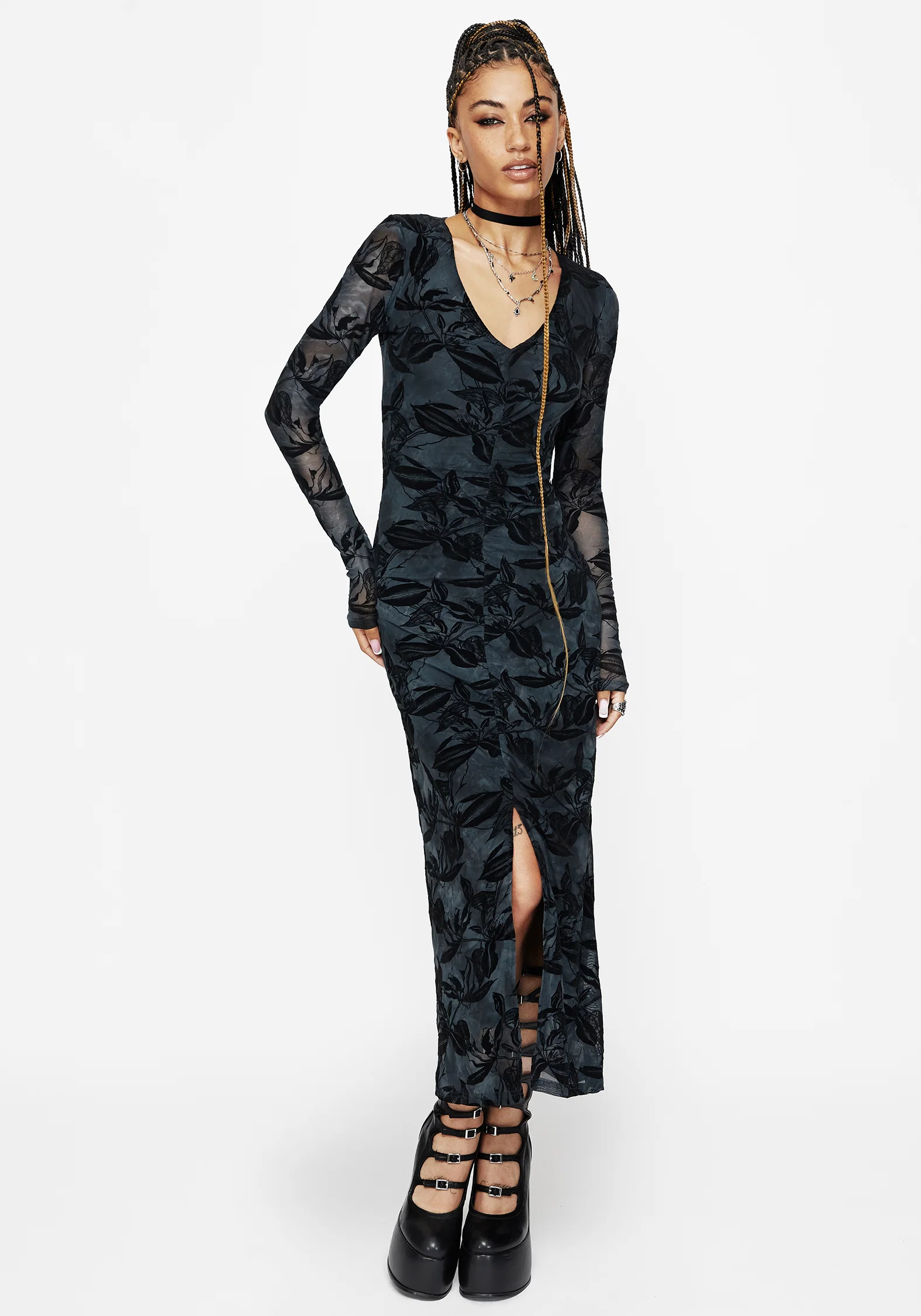 Bryn Floral Flocked Mesh Ruched Long Sleeve Midaxi Dress - Image 5