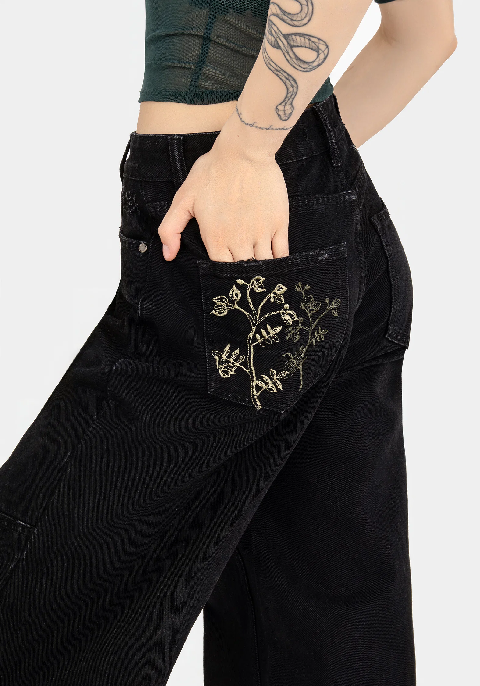 Buckthorn Embroidered Denim Barrel Leg Jeans - Image 2