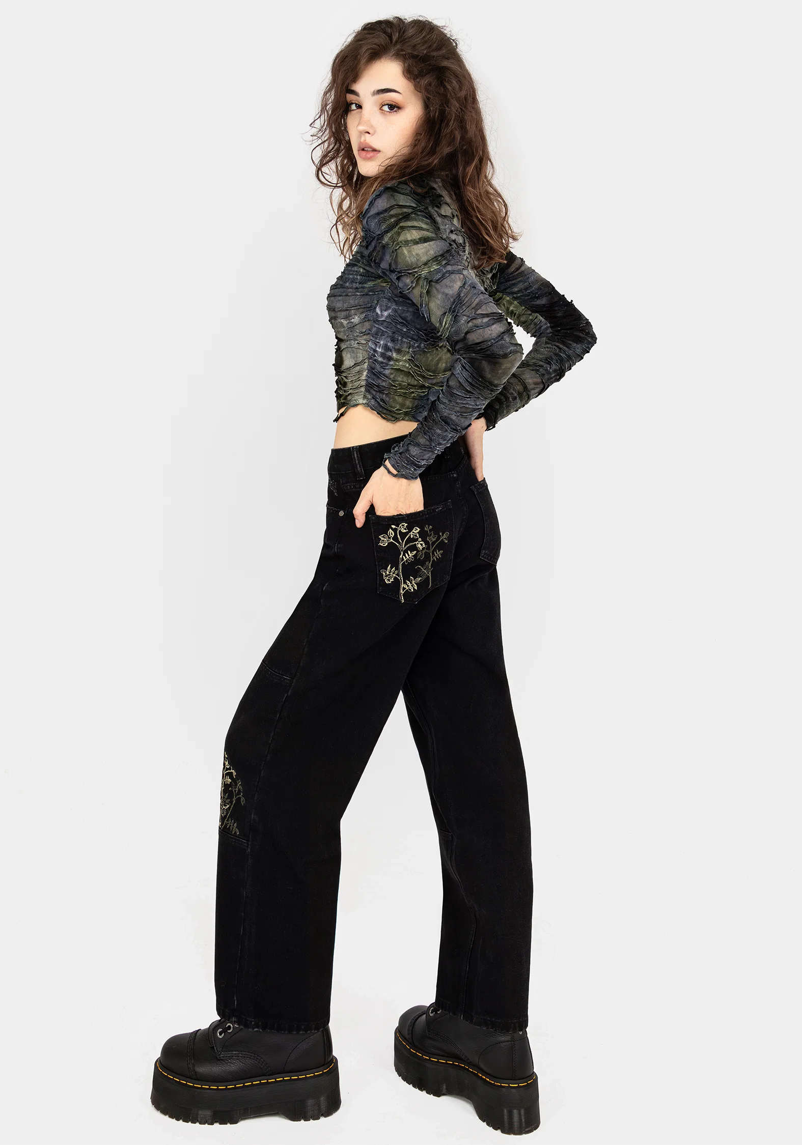 Buckthorn Embroidered Denim Barrel Leg Jeans - Image 3
