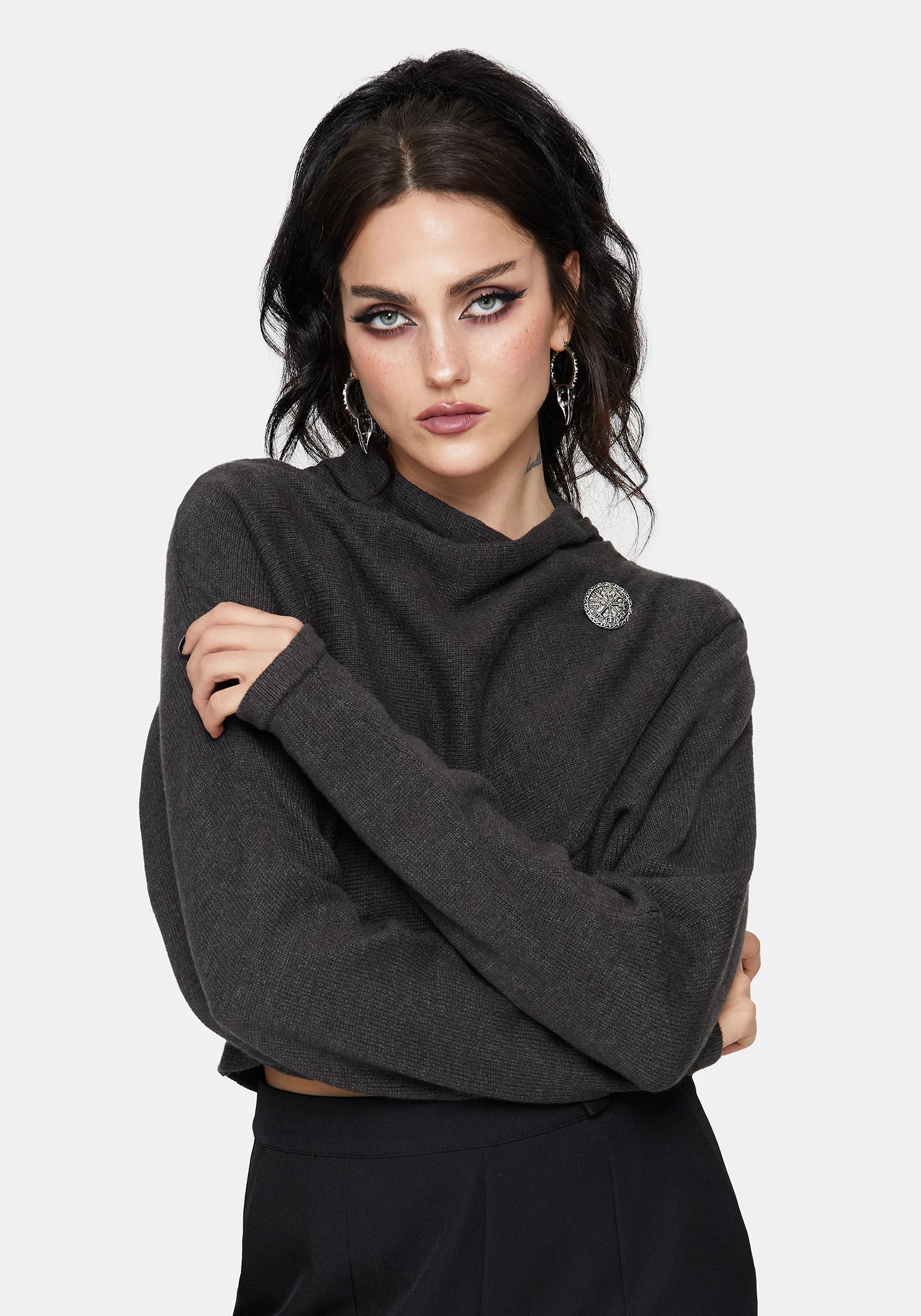 Calliope Wrap Over Cropped Knit Jumper With Brooch - Image 4