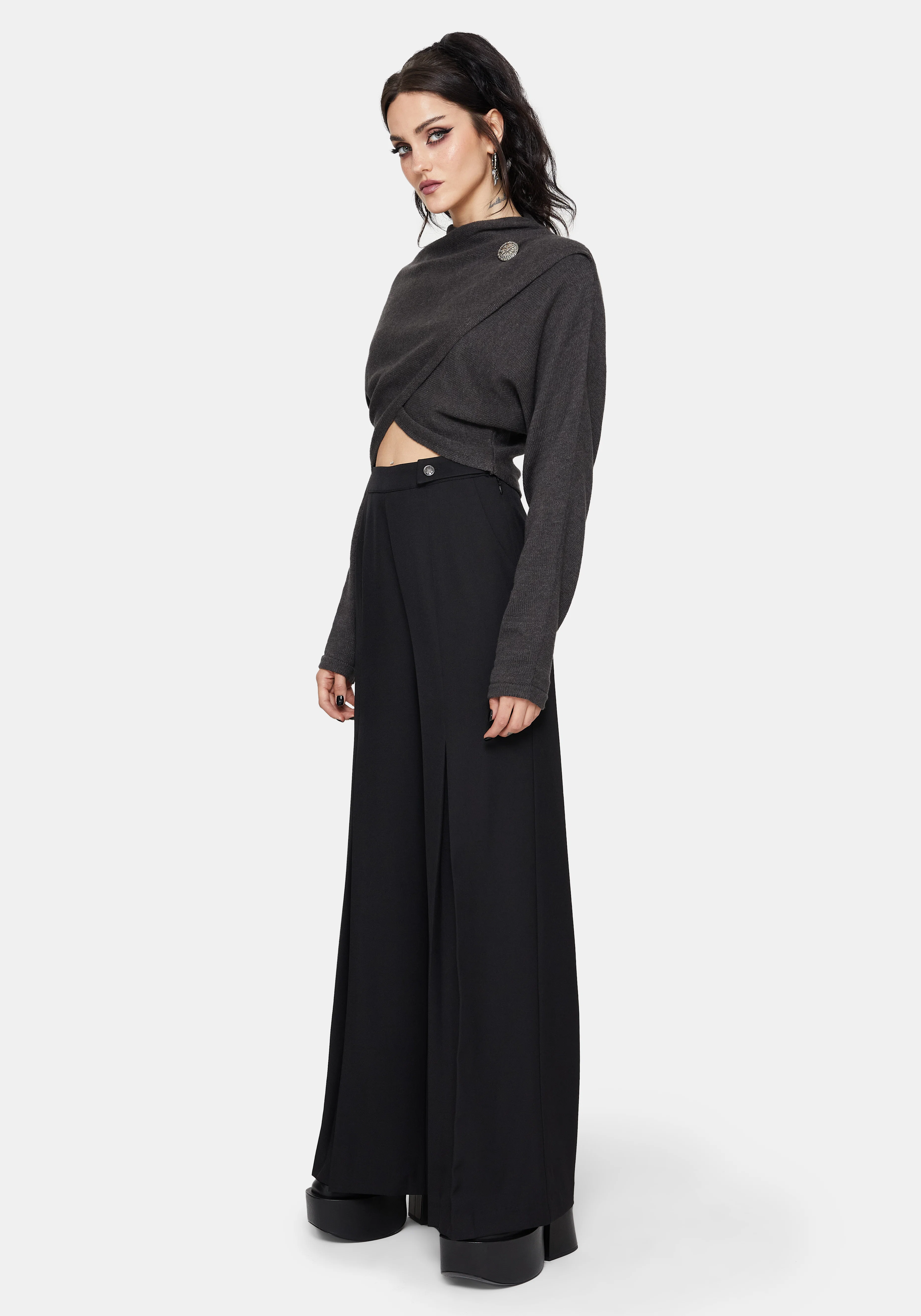 Calliope Wrap Over Cropped Knit Jumper With Brooch - Image 5