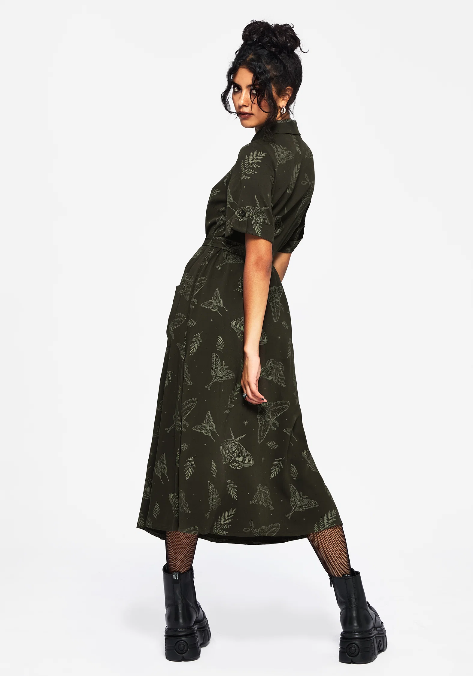 Callopistria Moth Print Midi Shirt Dress - Green - Image 3