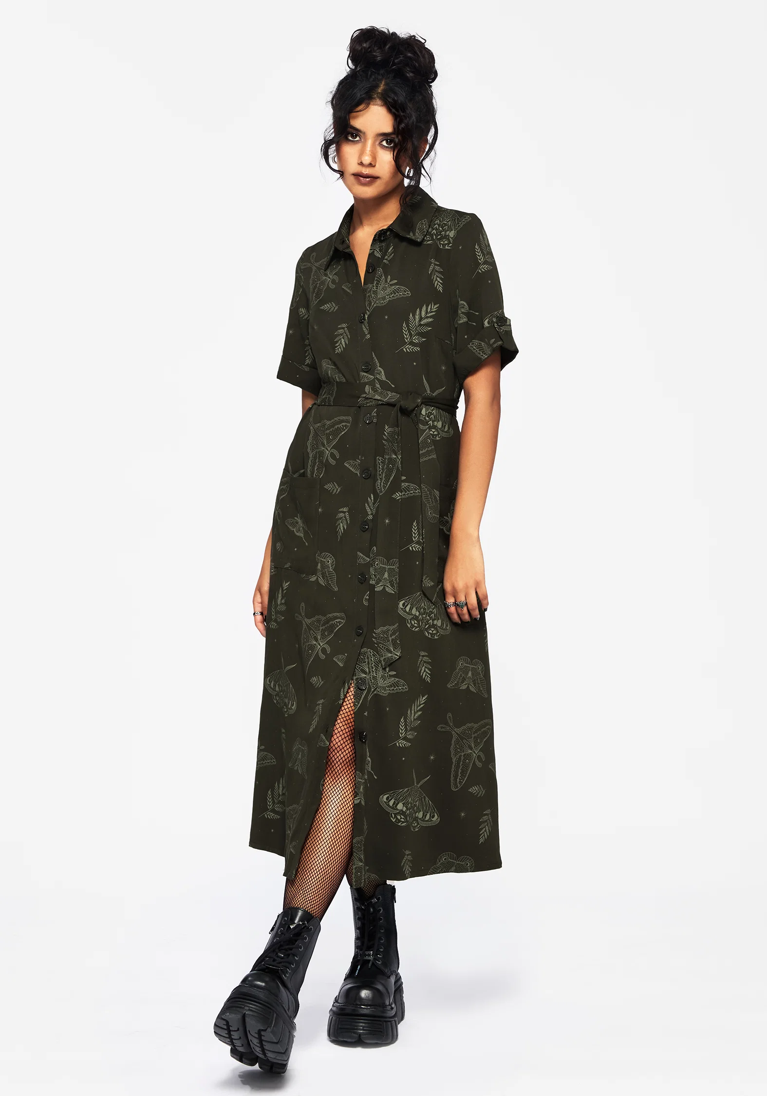 Callopistria Moth Print Midi Shirt Dress - Green - Image 4