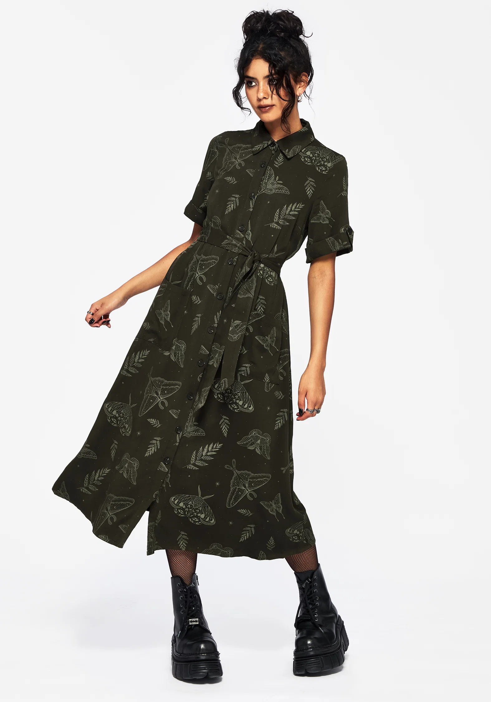 Callopistria Moth Print Midi Shirt Dress - Green - Image 5