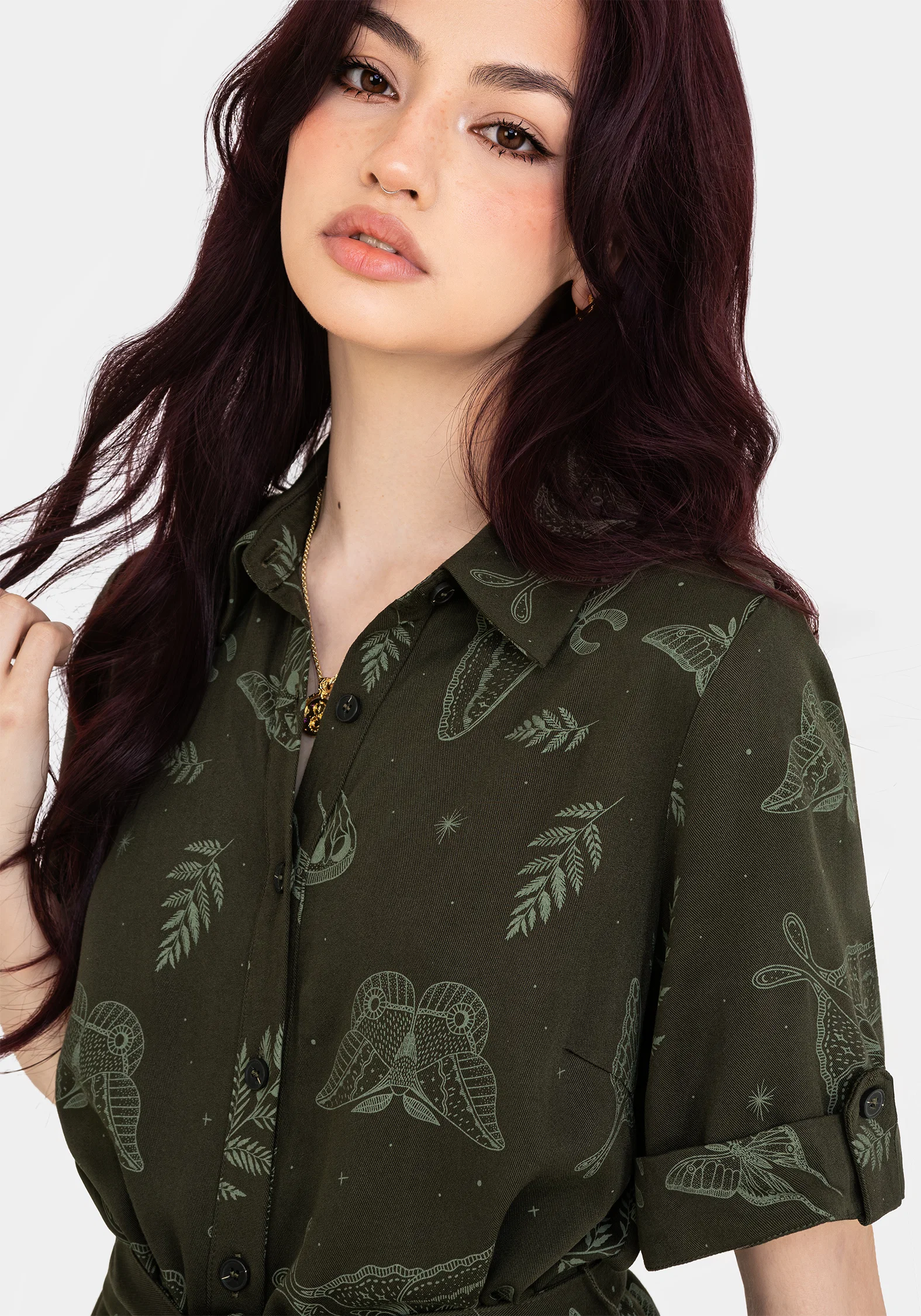 Callopistria Moth Print Mini Shirt Dress - Green - Image 2