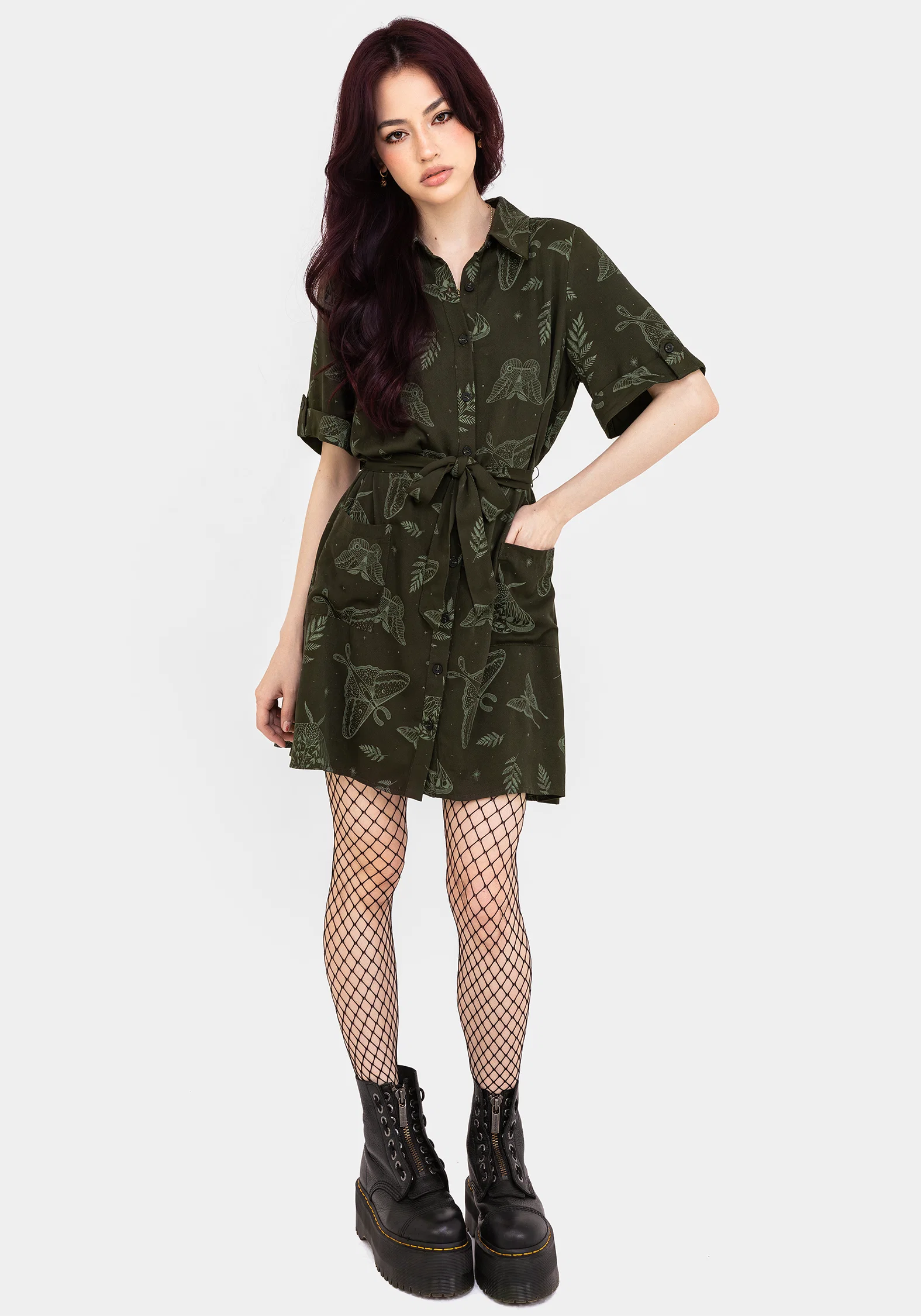 Callopistria Moth Print Mini Shirt Dress - Green - Image 4
