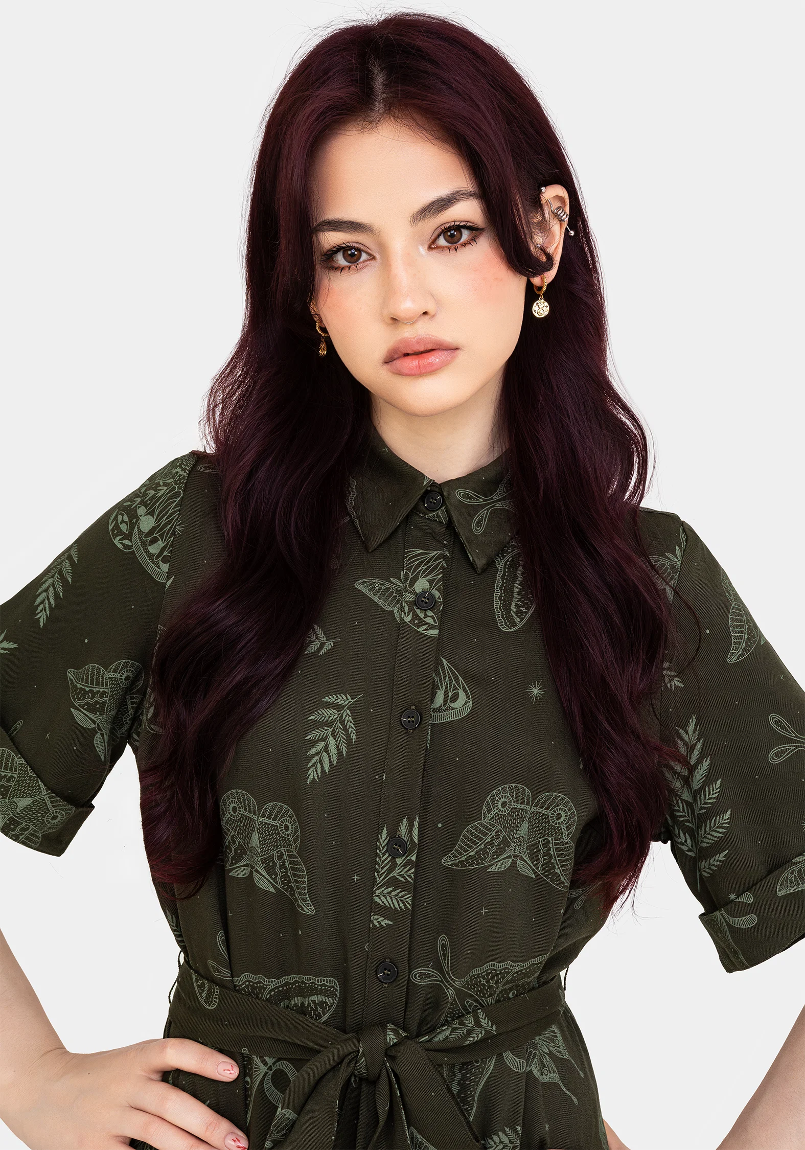 Callopistria Moth Print Mini Shirt Dress - Green - Image 5