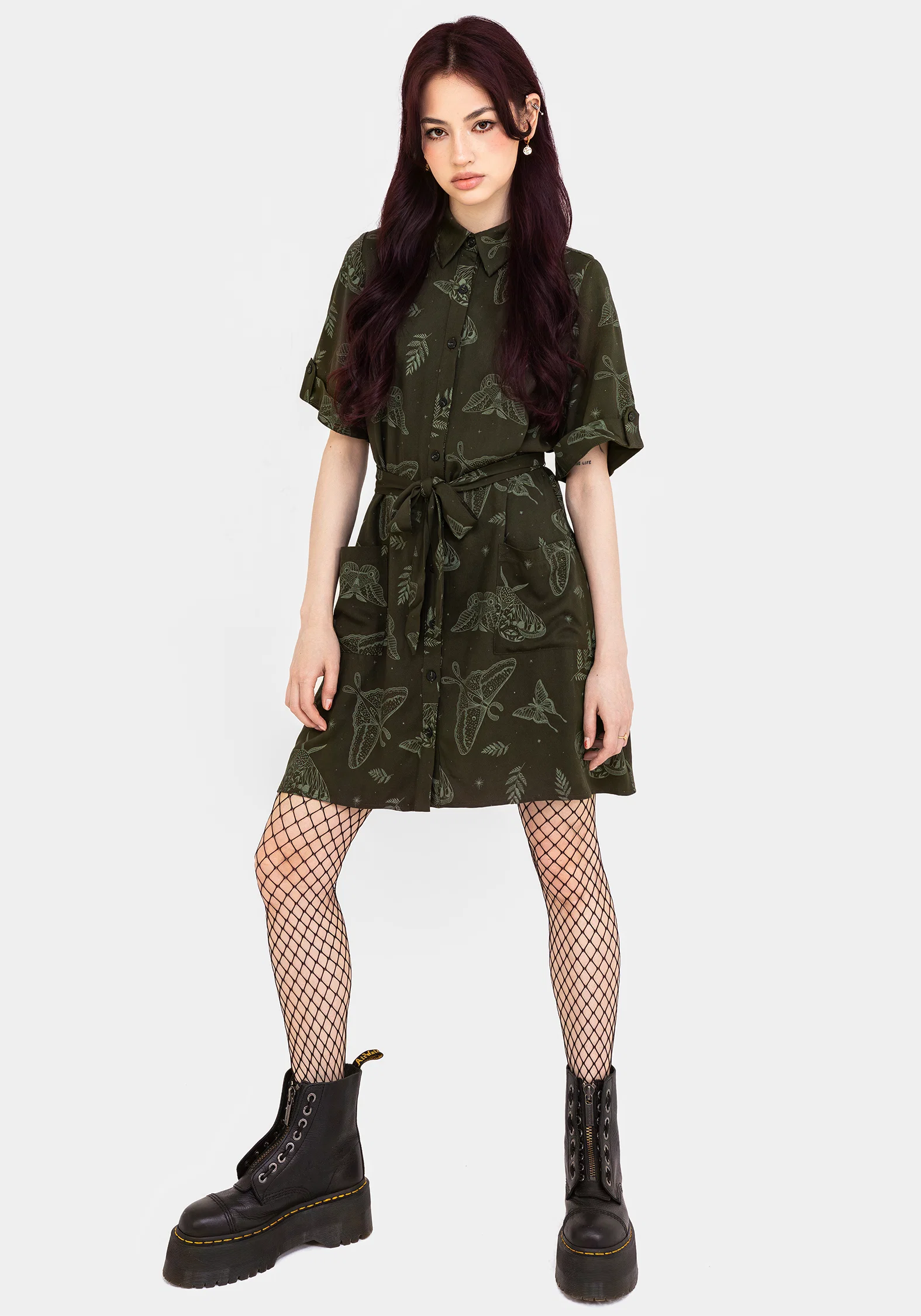 Callopistria Moth Print Mini Shirt Dress - Green - Image 6