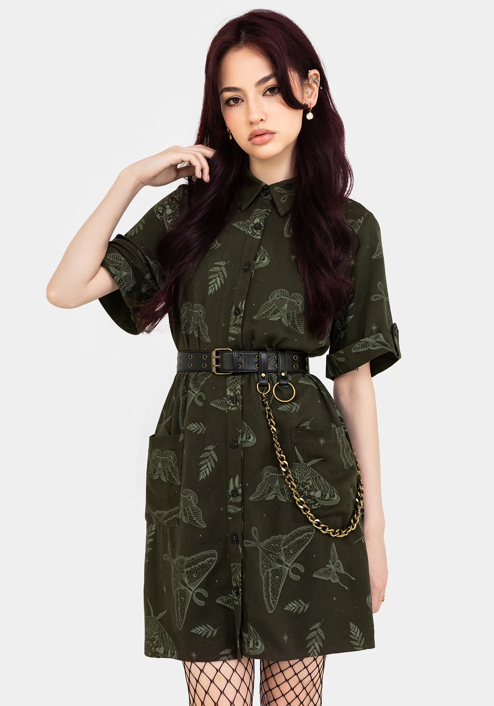 Callopistria Moth Print Mini Shirt Dress - Green - Image 7