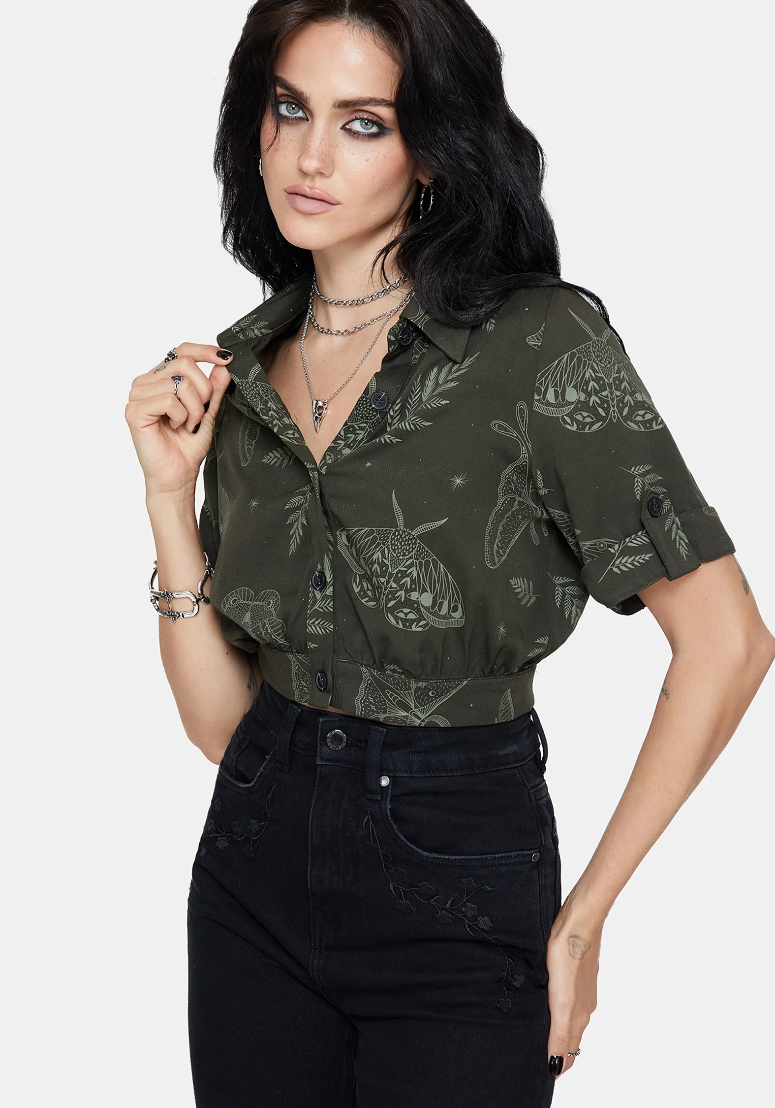 Callopistria Moth Print Short Sleeve Crop Shirt - Green - Image 4