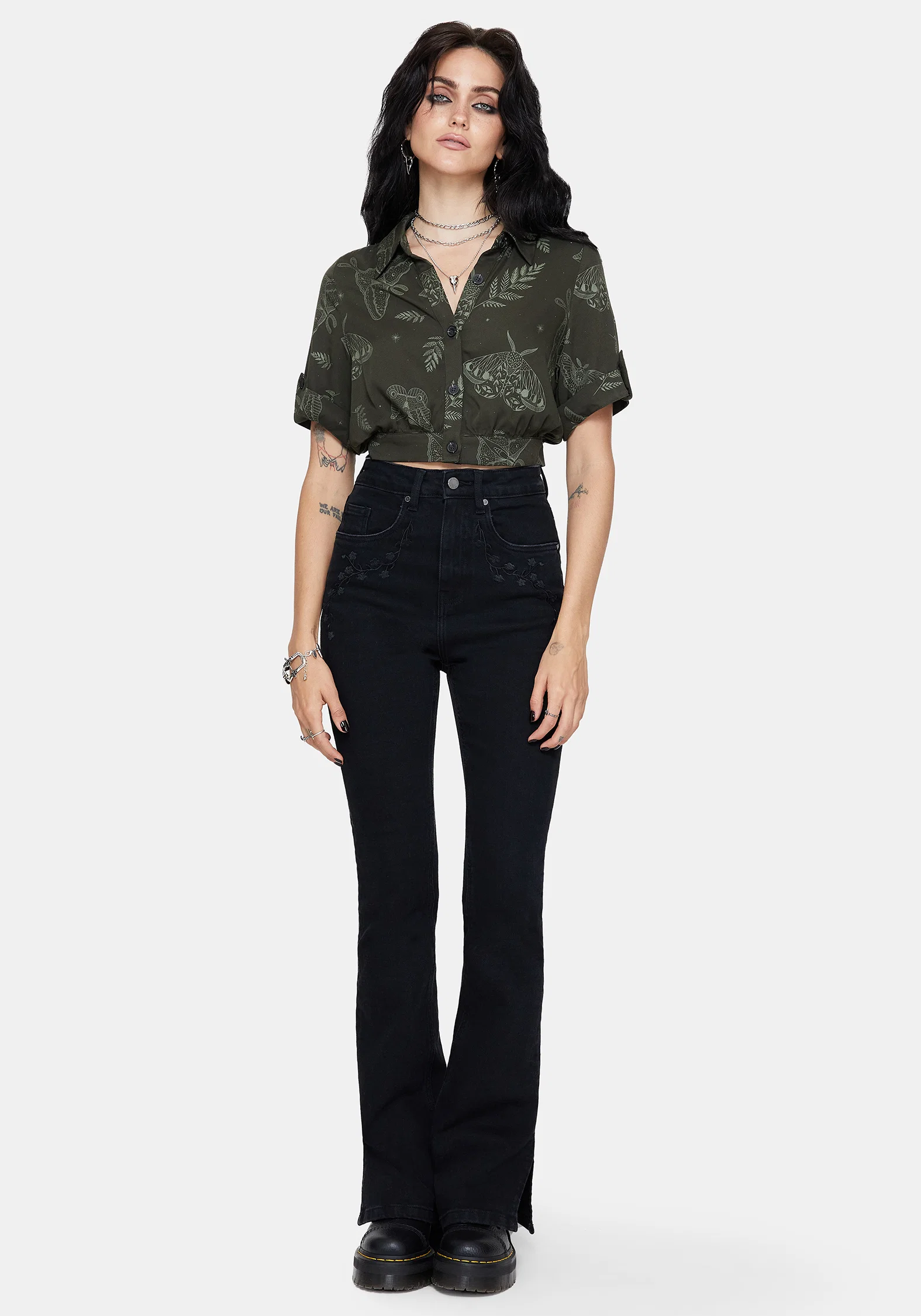 Callopistria Moth Print Short Sleeve Crop Shirt - Green - Image 5