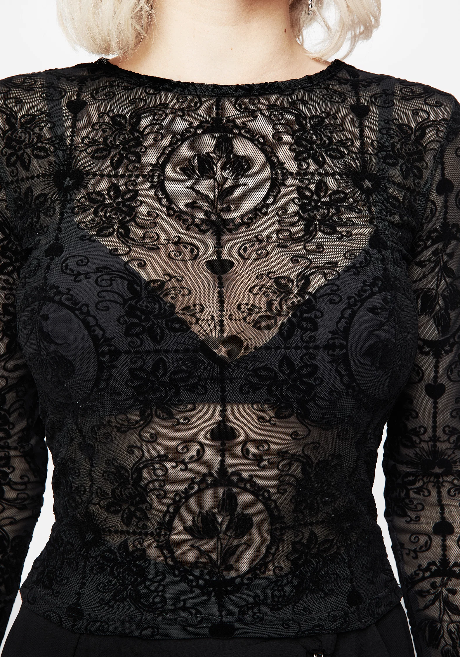 Cameo Floral Flocked Mesh Long Sleeve Top - Image 2
