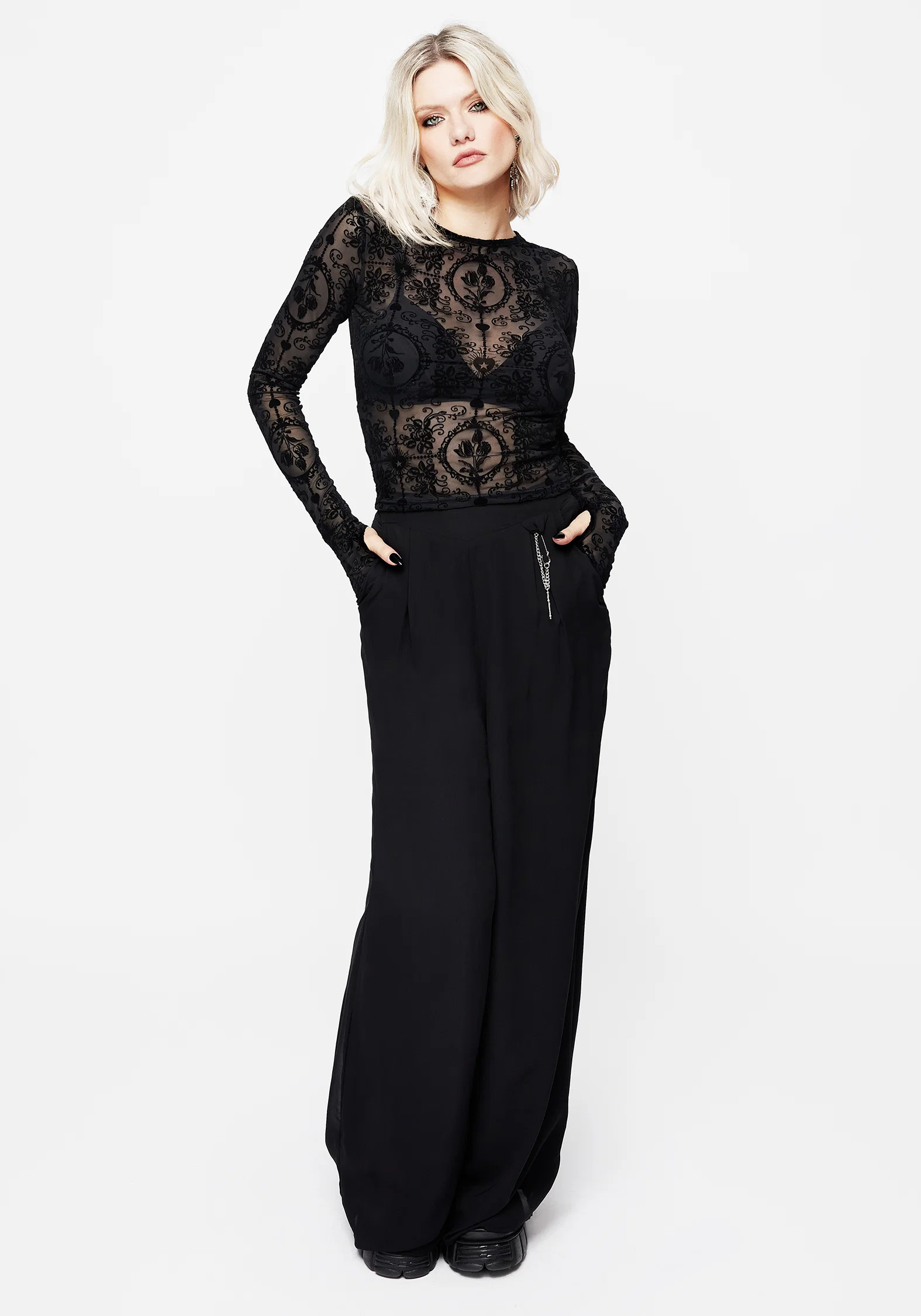 Cameo Floral Flocked Mesh Long Sleeve Top - Image 4