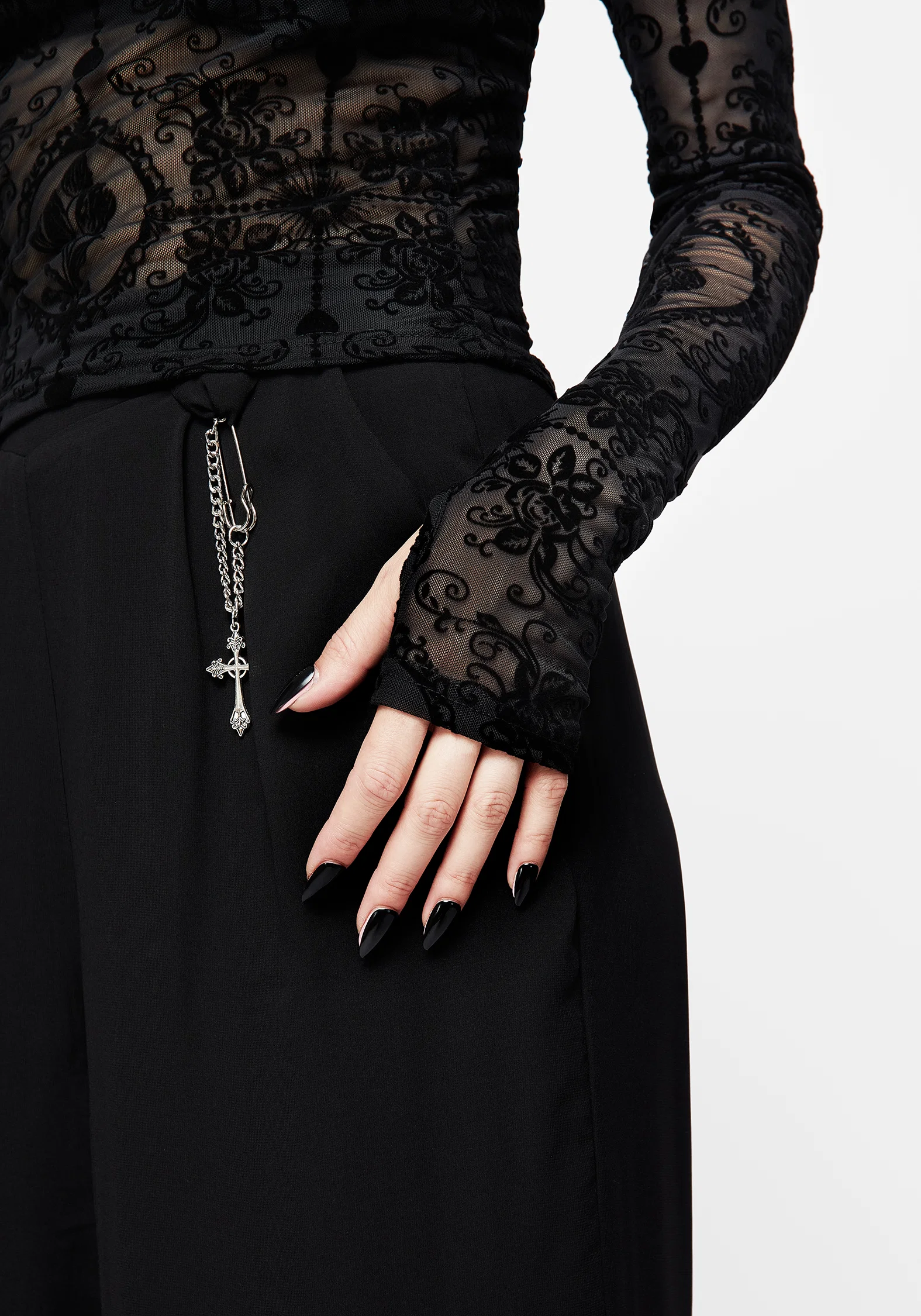 Cameo Floral Flocked Mesh Long Sleeve Top - Image 6