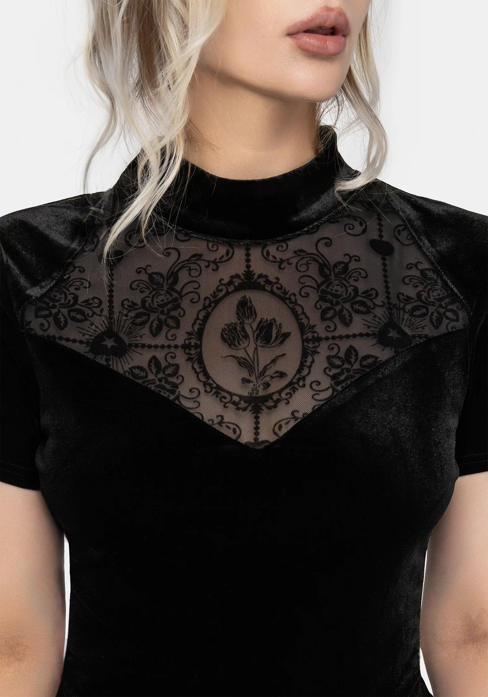 Cameo Floral Flocked Mesh Velour High Neck Top - Image 2