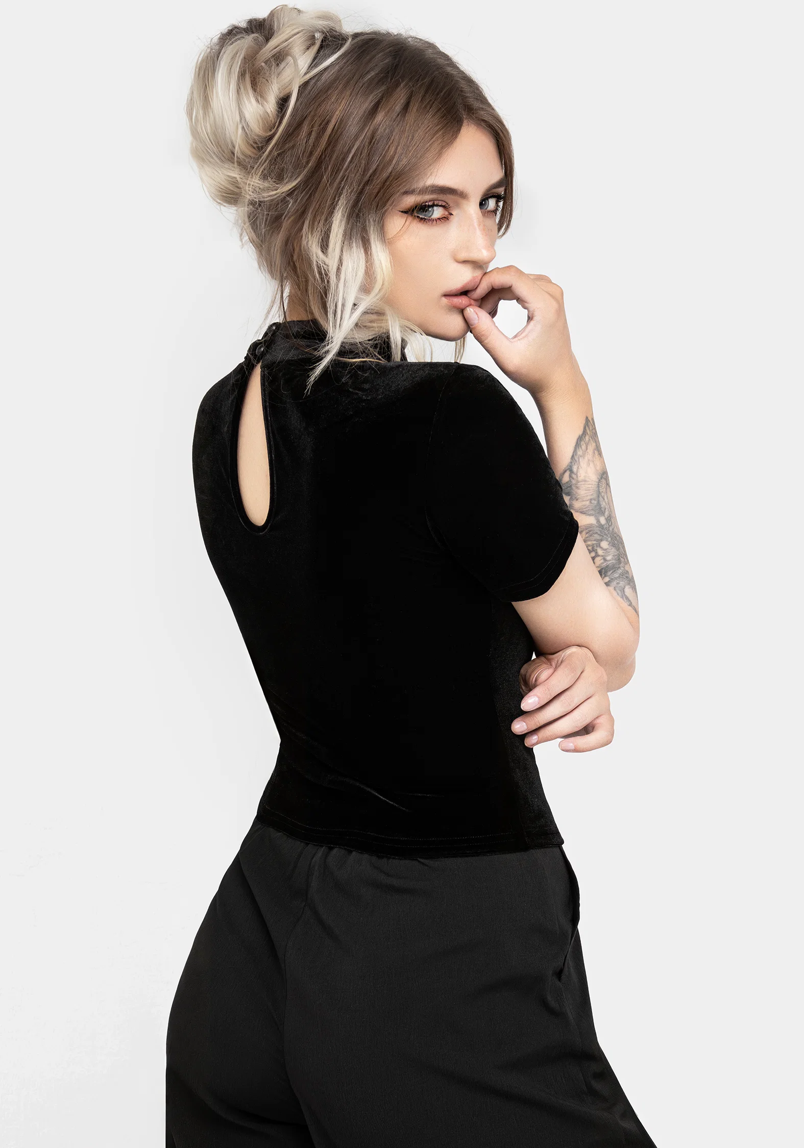 Cameo Floral Flocked Mesh Velour High Neck Top - Image 3