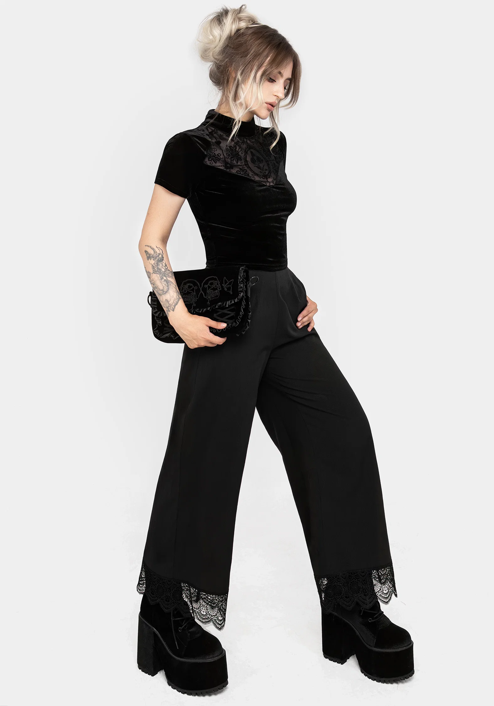 Cameo Floral Flocked Mesh Velour High Neck Top - Image 4