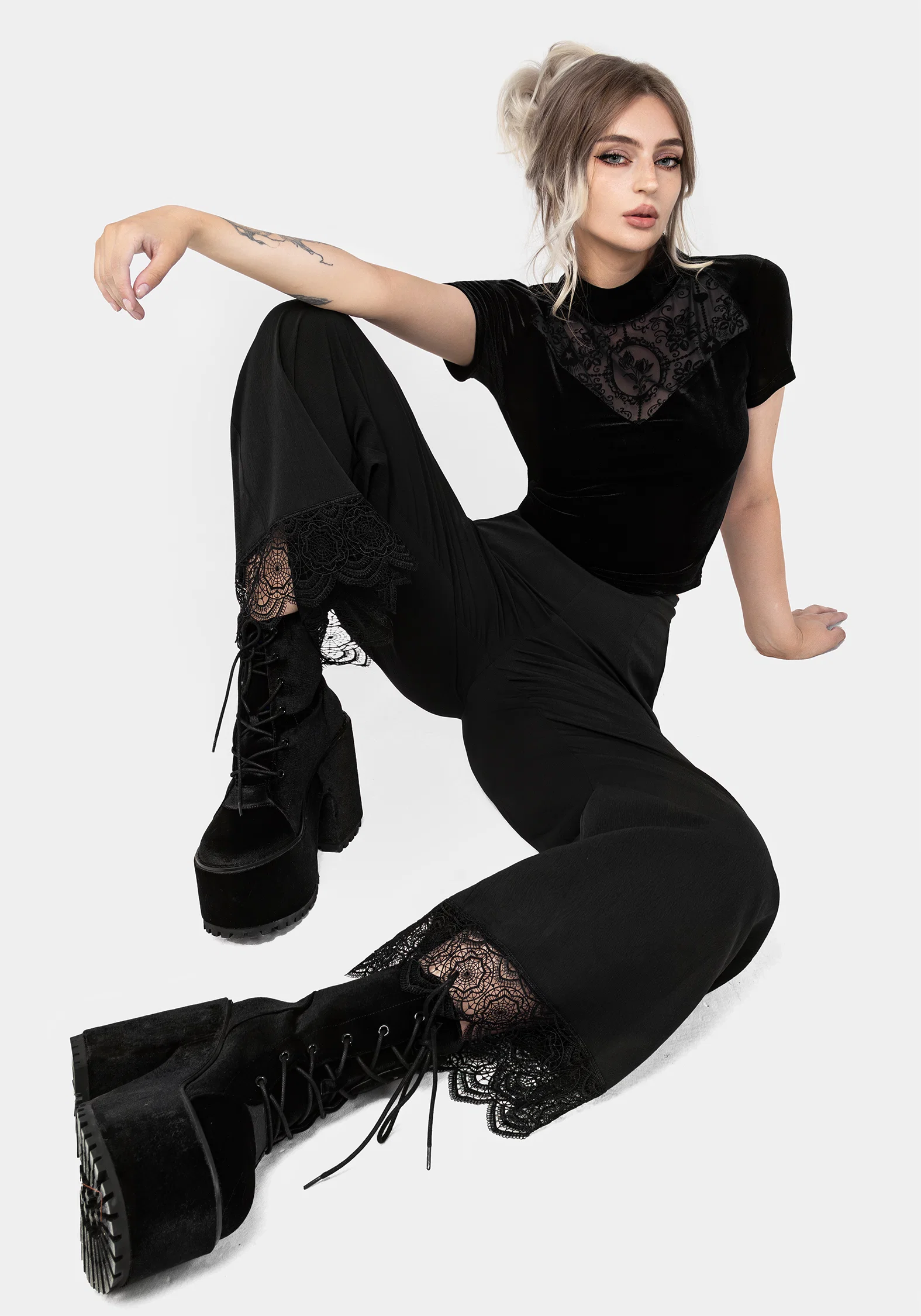 Cameo Floral Flocked Mesh Velour High Neck Top - Image 5
