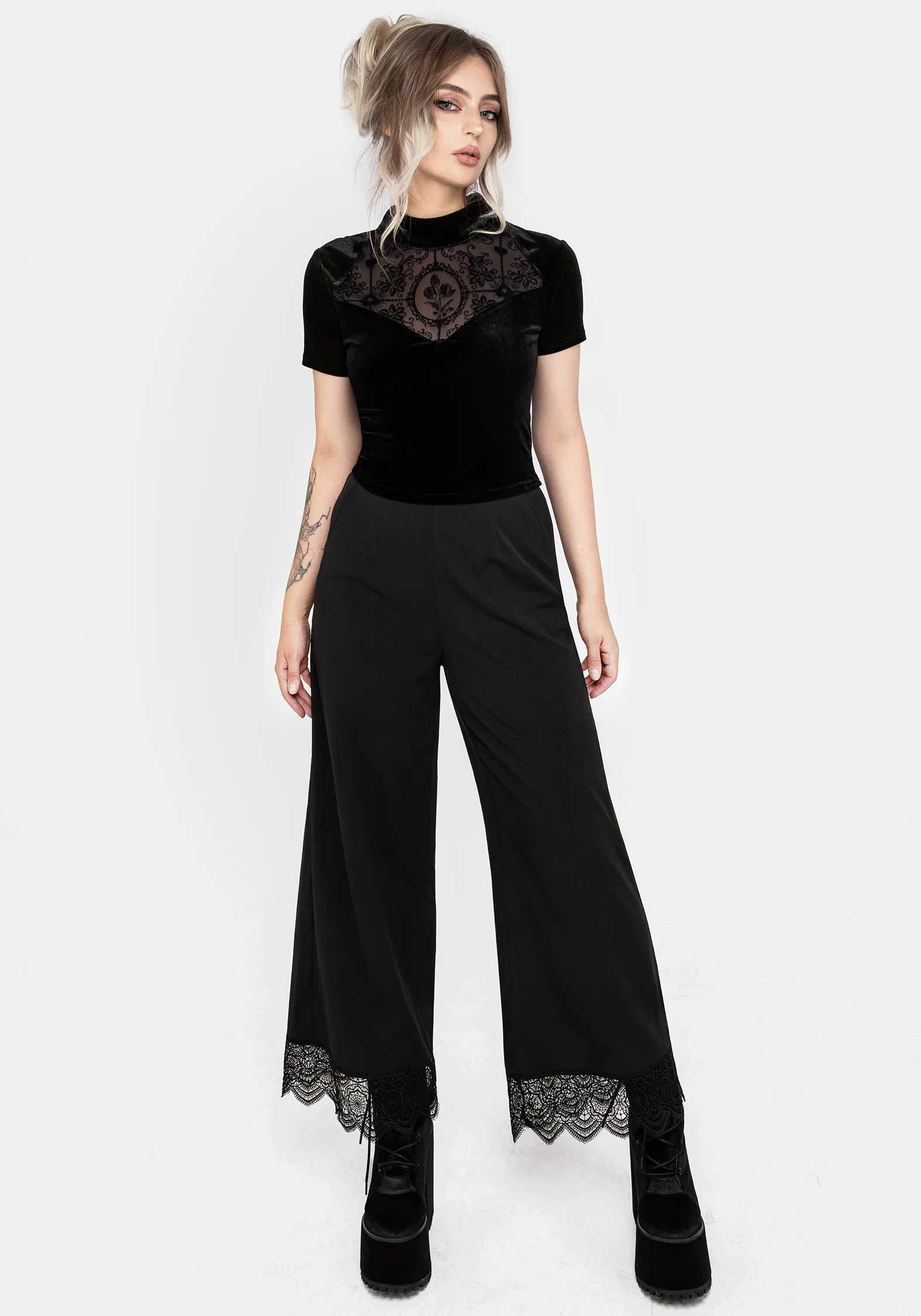 Cameo Floral Flocked Mesh Velour High Neck Top - Image 6