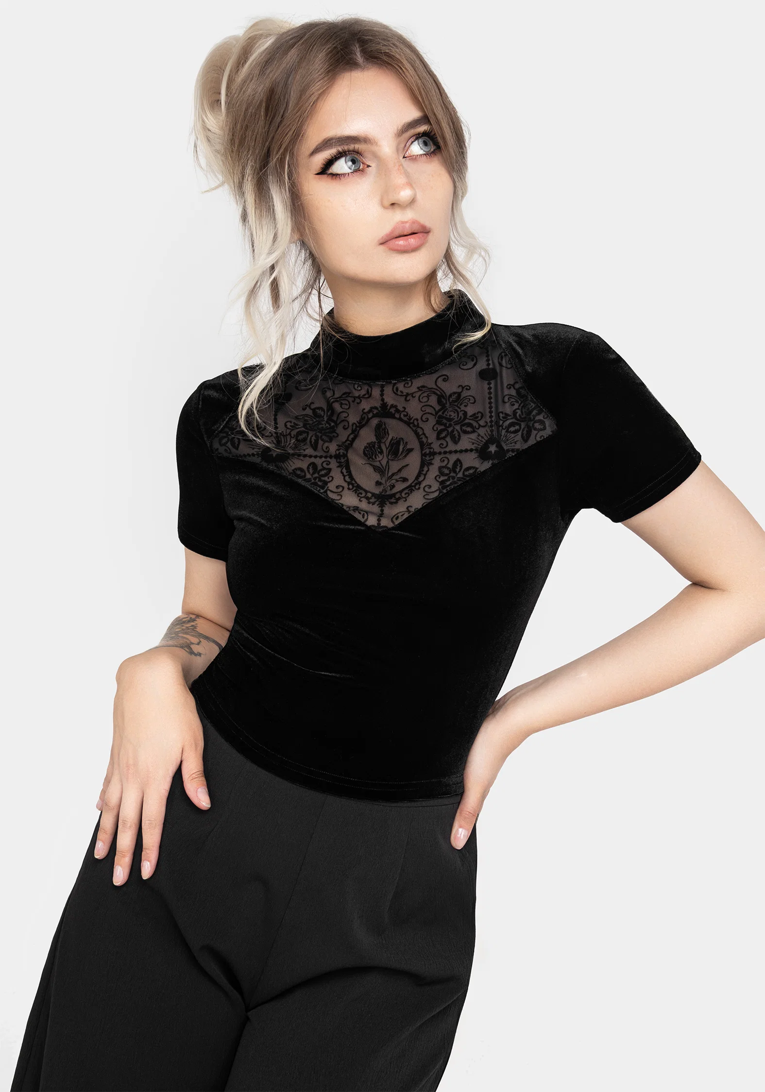 Cameo Floral Flocked Mesh Velour High Neck Top - Image 7