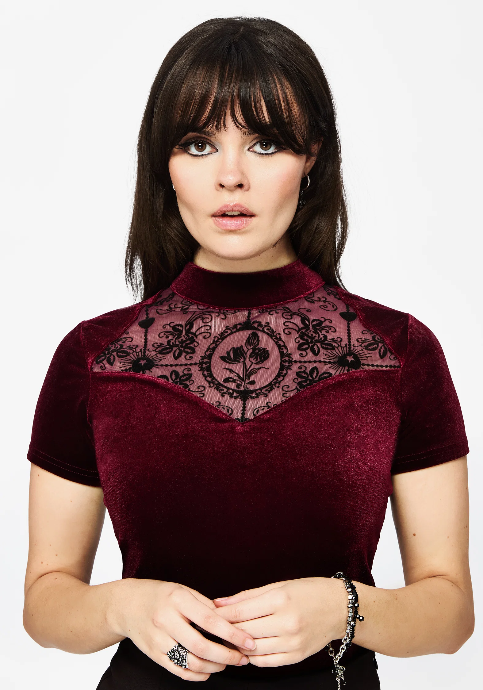 Cameo Floral Flocked Mesh Velour High Neck Top - Red - Image 2