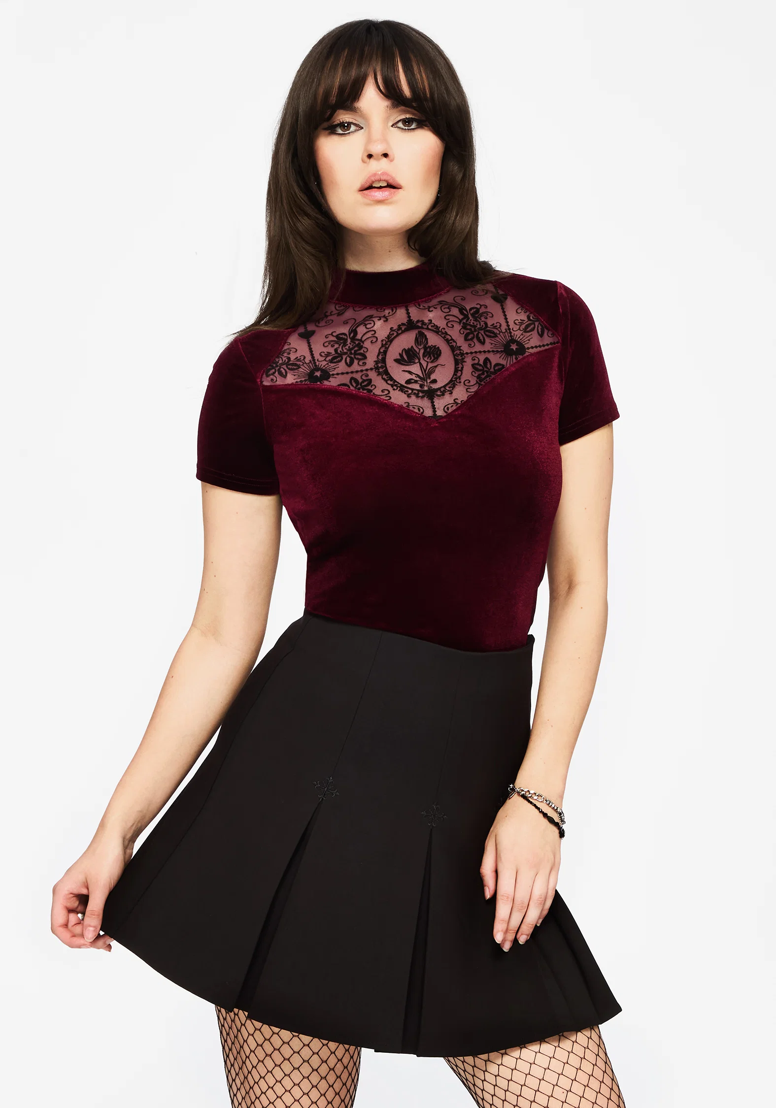 Cameo Floral Flocked Mesh Velour High Neck Top - Red - Image 4