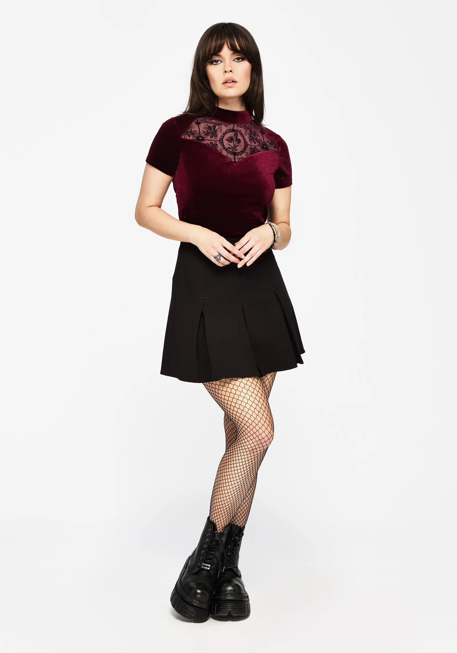 Cameo Floral Flocked Mesh Velour High Neck Top - Red - Image 5