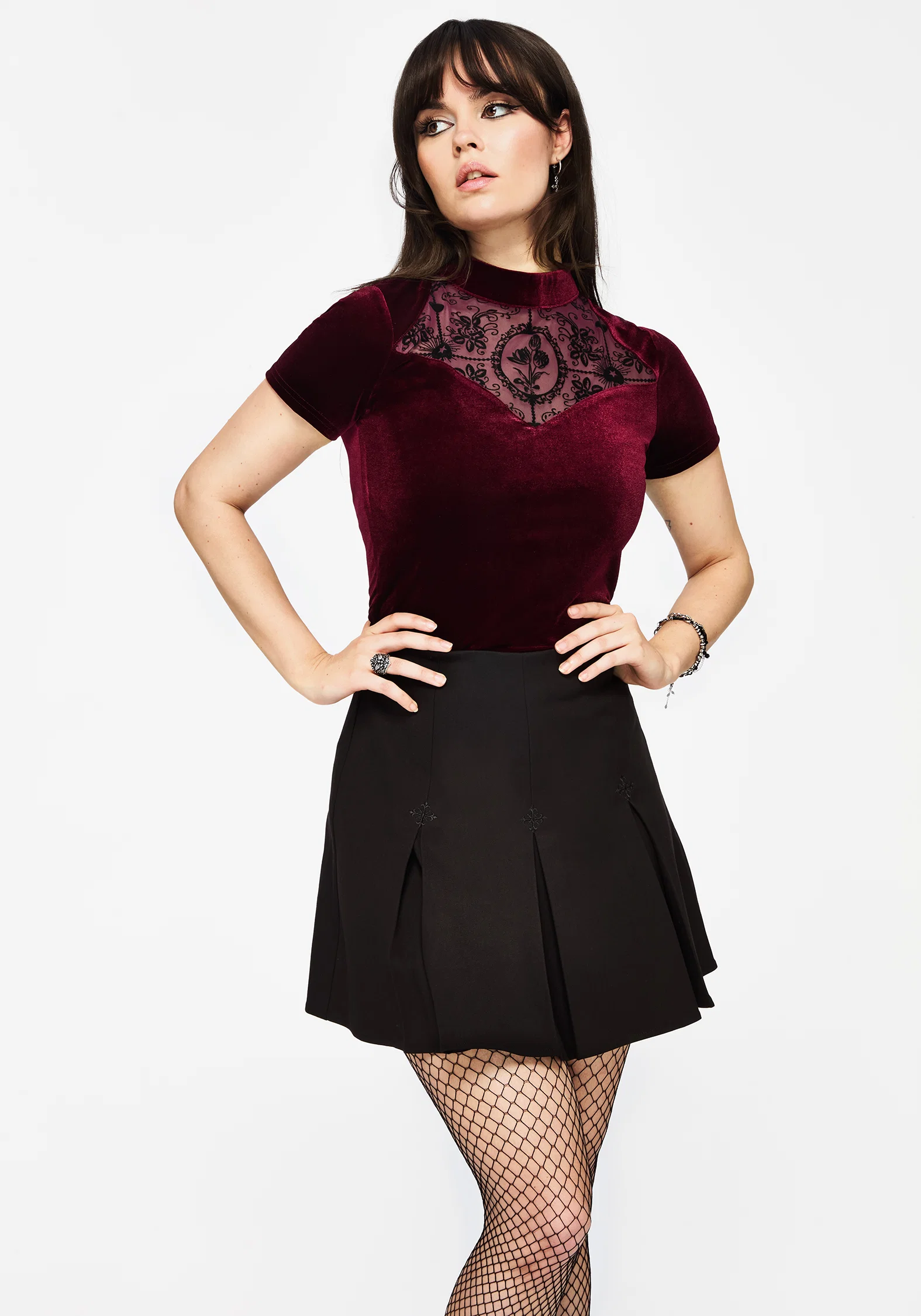 Cameo Floral Flocked Mesh Velour High Neck Top - Red - Image 6