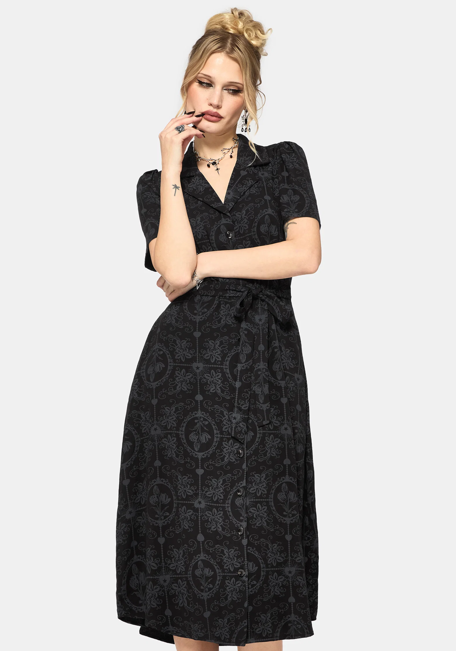 Cameo Floral Printed Tie Belt Midi Shirt Dress - Image 4