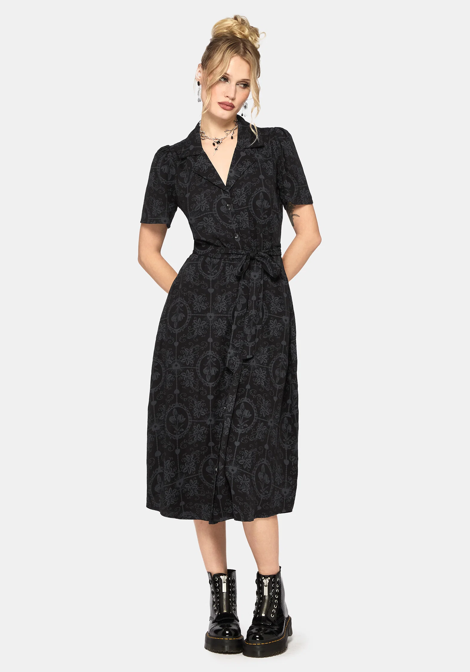 Cameo Floral Printed Tie Belt Midi Shirt Dress - Image 5