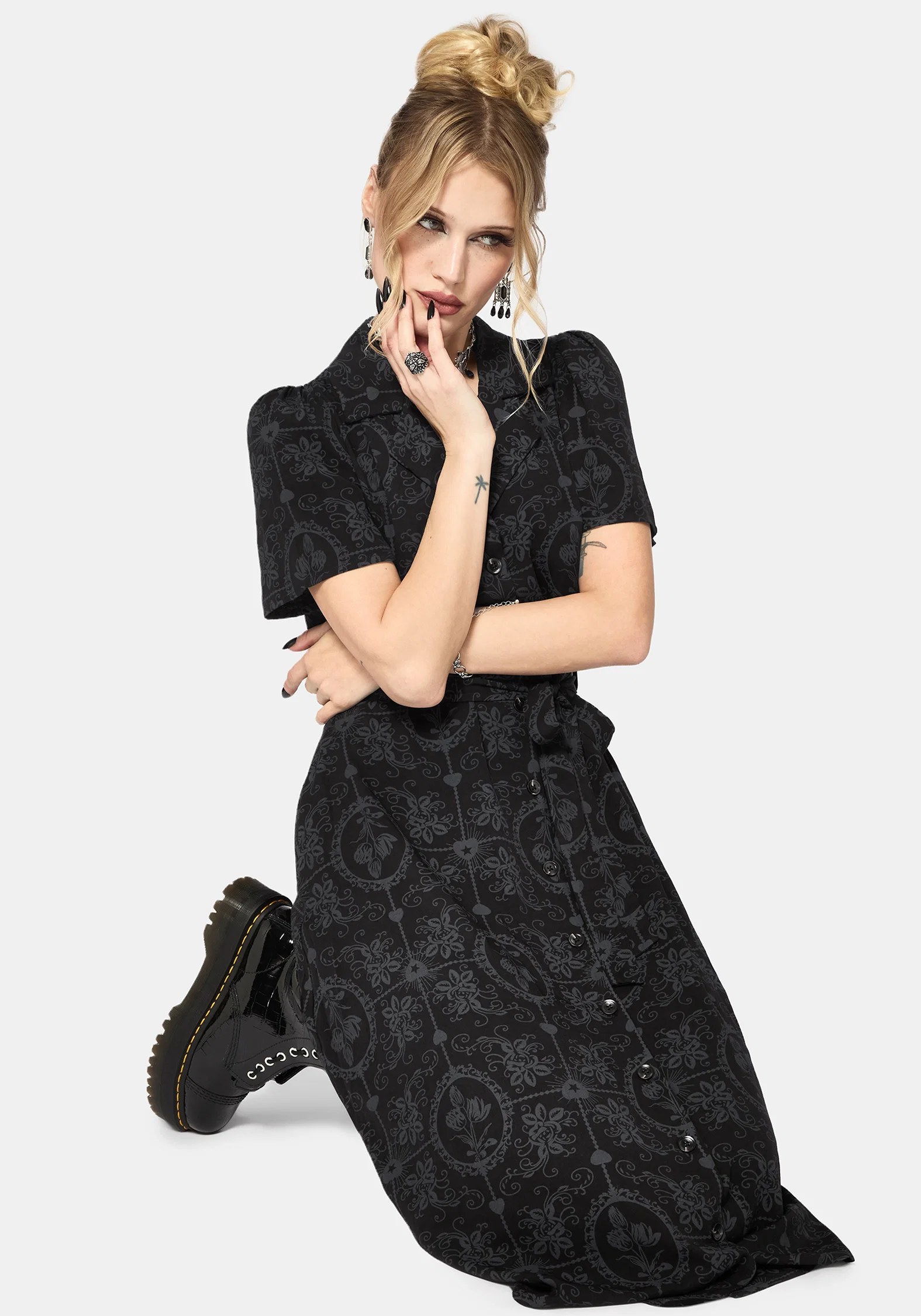 Cameo Floral Printed Tie Belt Midi Shirt Dress - Image 6