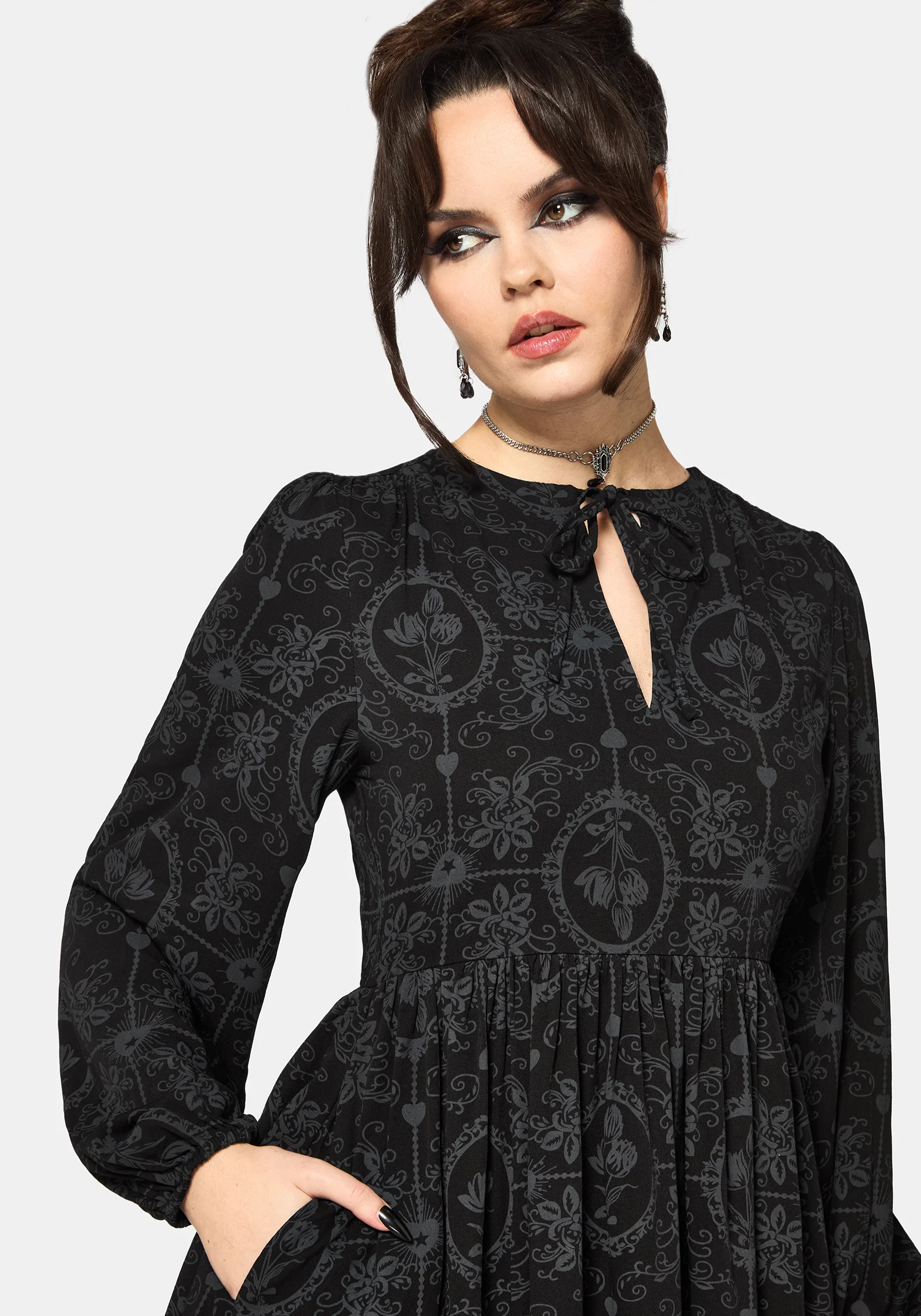 Cameo Floral Printed Tie Front Long Sleeve Mini Dress - Image 2