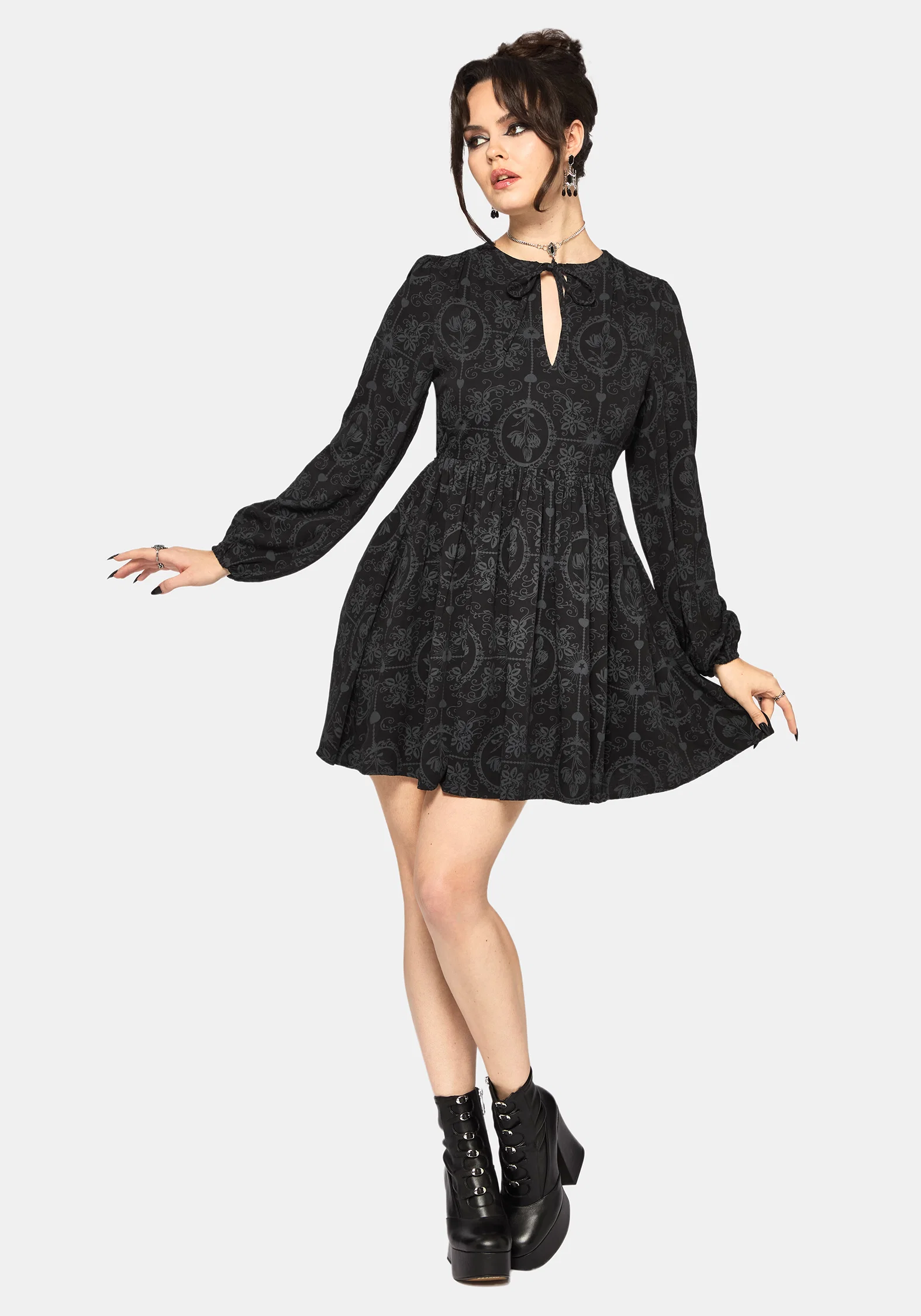 Cameo Floral Printed Tie Front Long Sleeve Mini Dress - Image 4