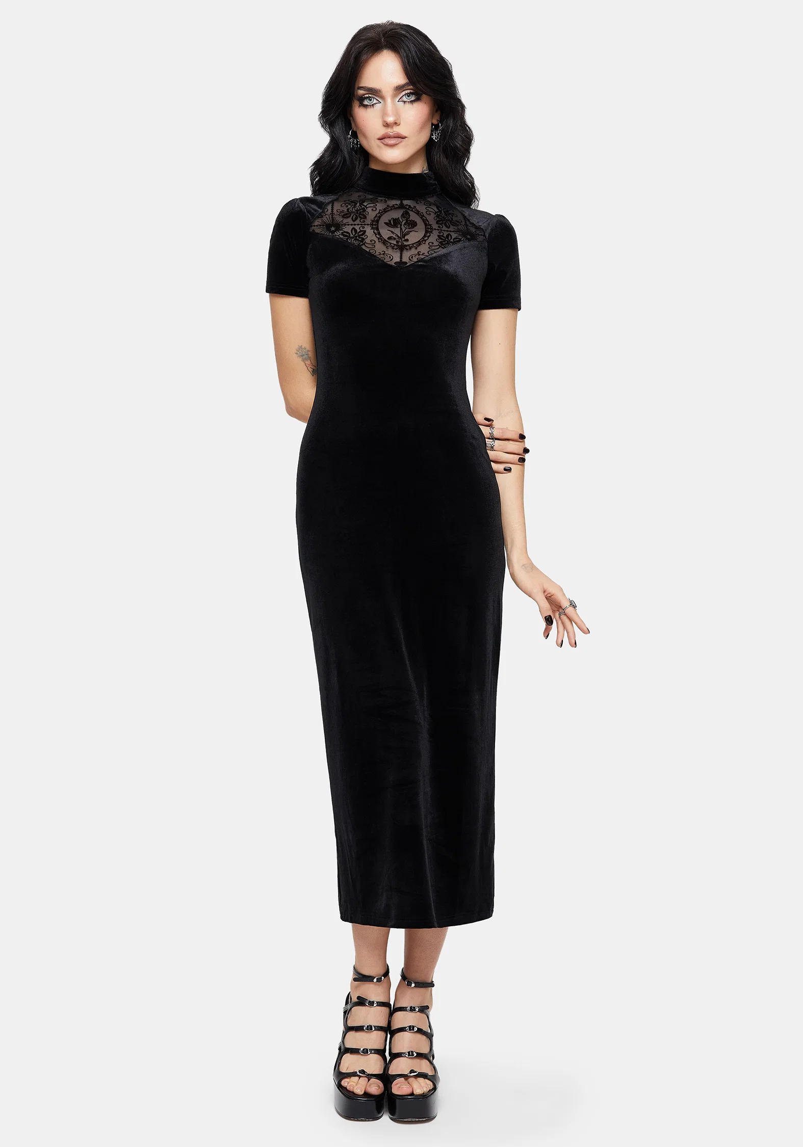 Cameo High Neck Flocked Mesh Insert Midi Dress - Image 4