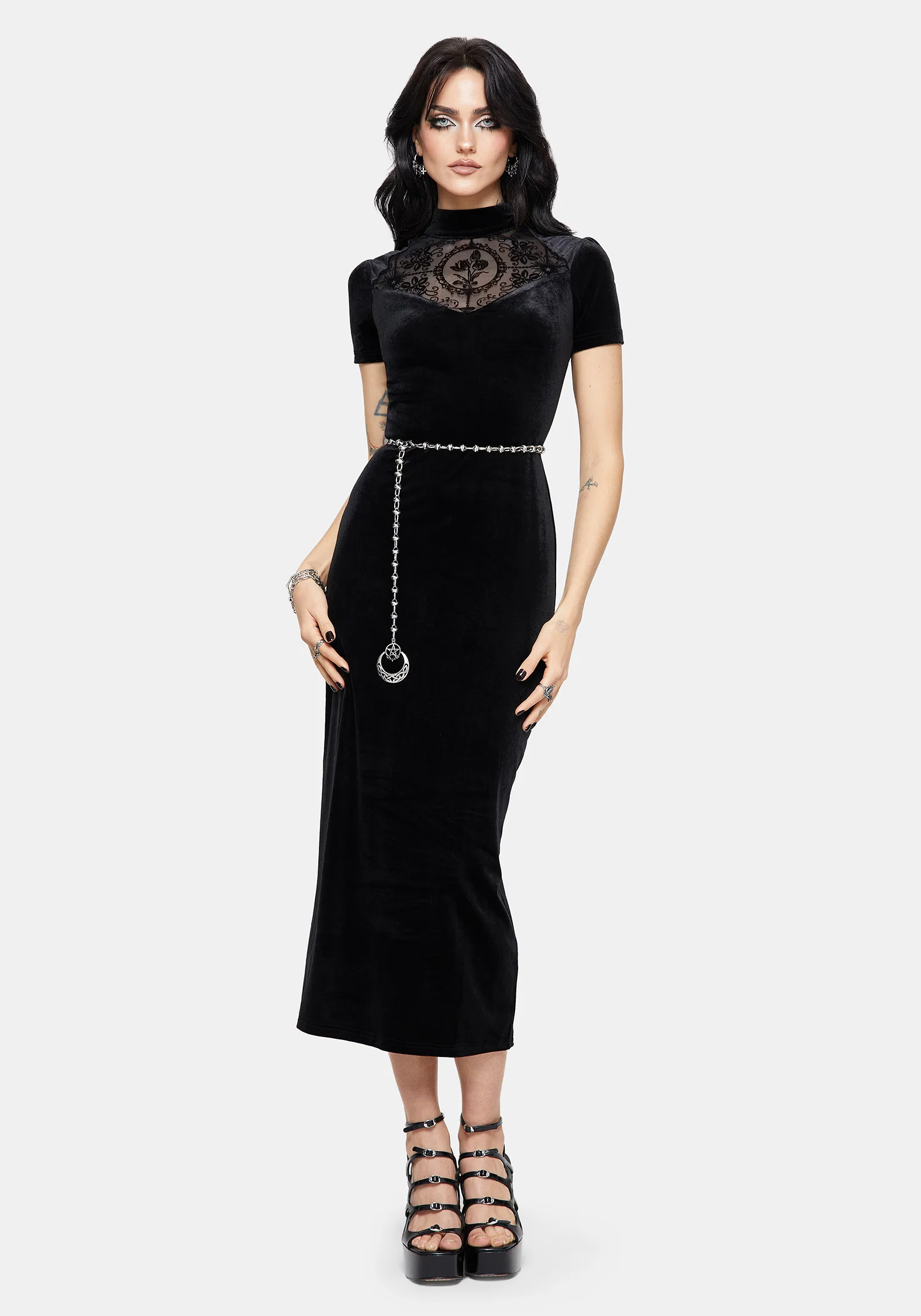 Cameo High Neck Flocked Mesh Insert Midi Dress - Image 5