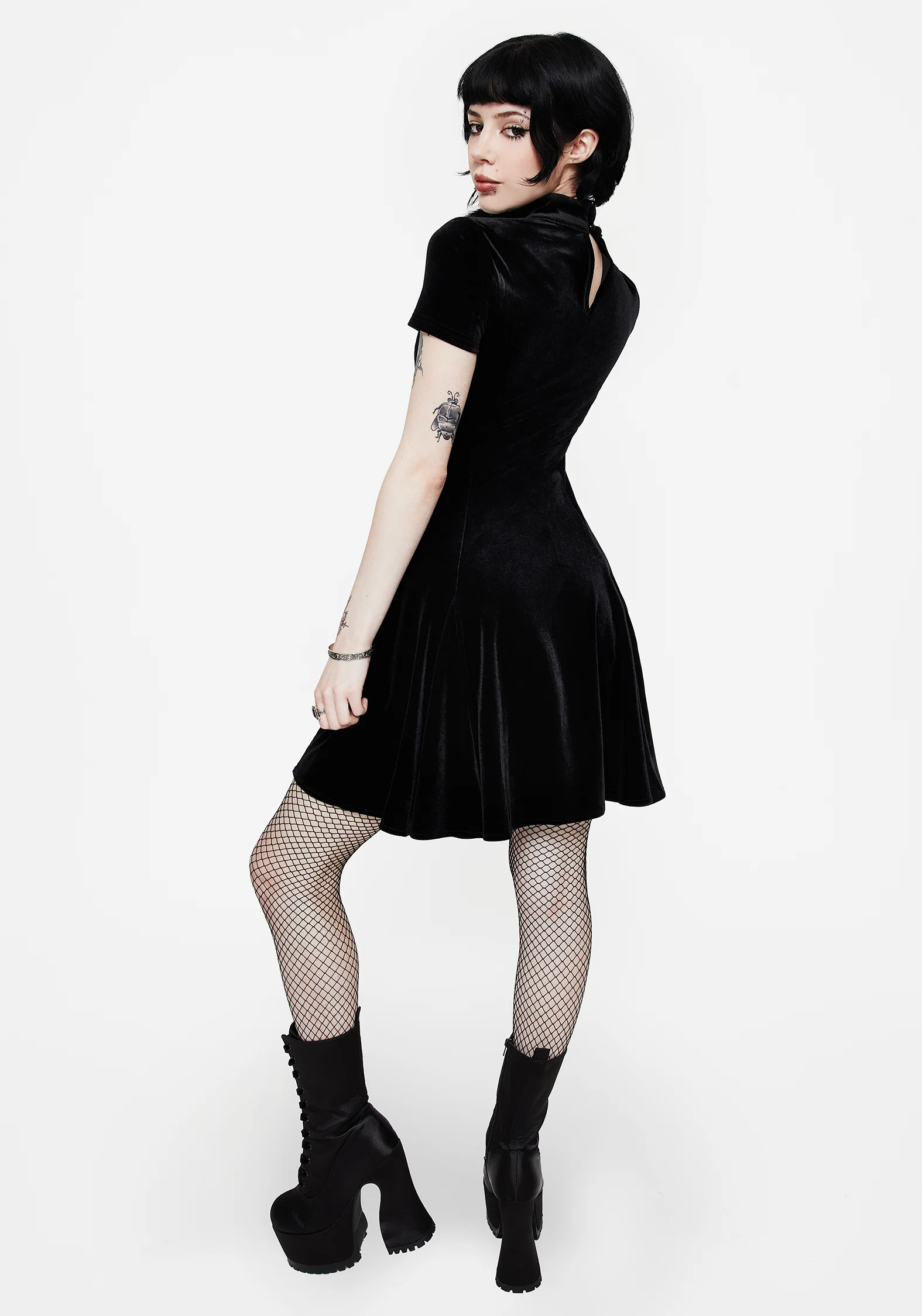 Cameo High Neck Flocked Mesh Insert Skater Mini Dress - Image 3