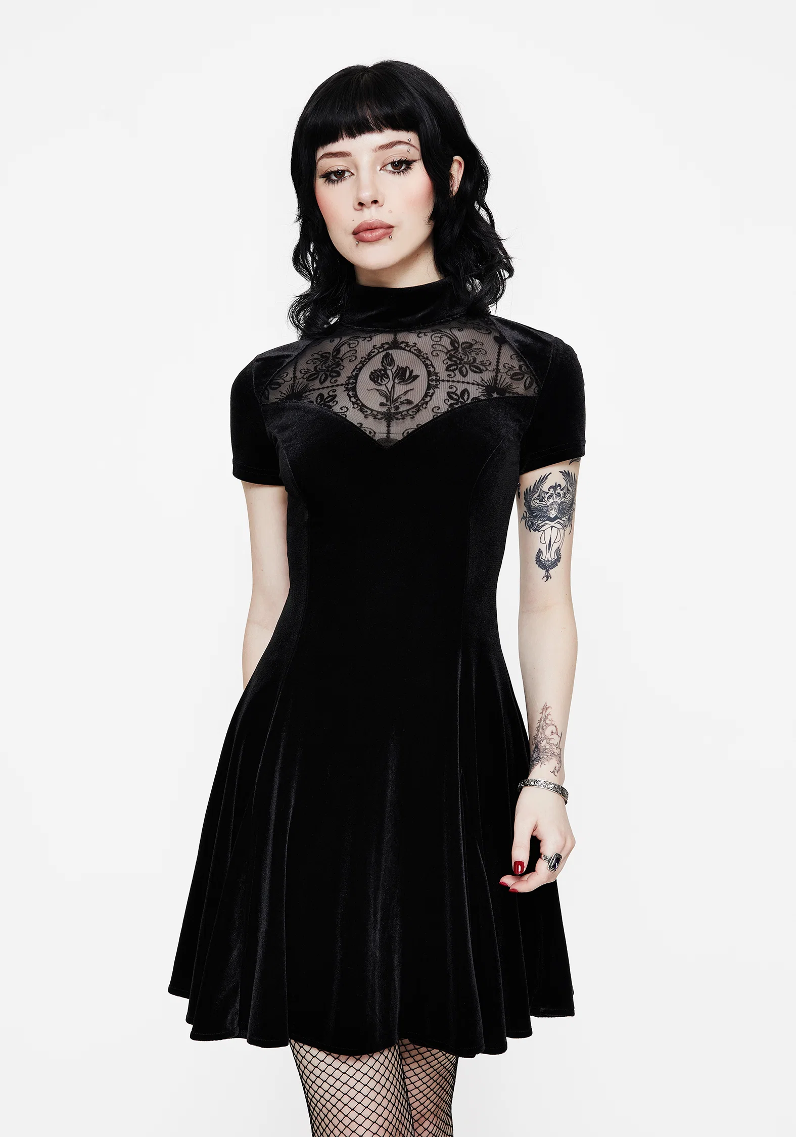 Cameo High Neck Flocked Mesh Insert Skater Mini Dress - Image 4